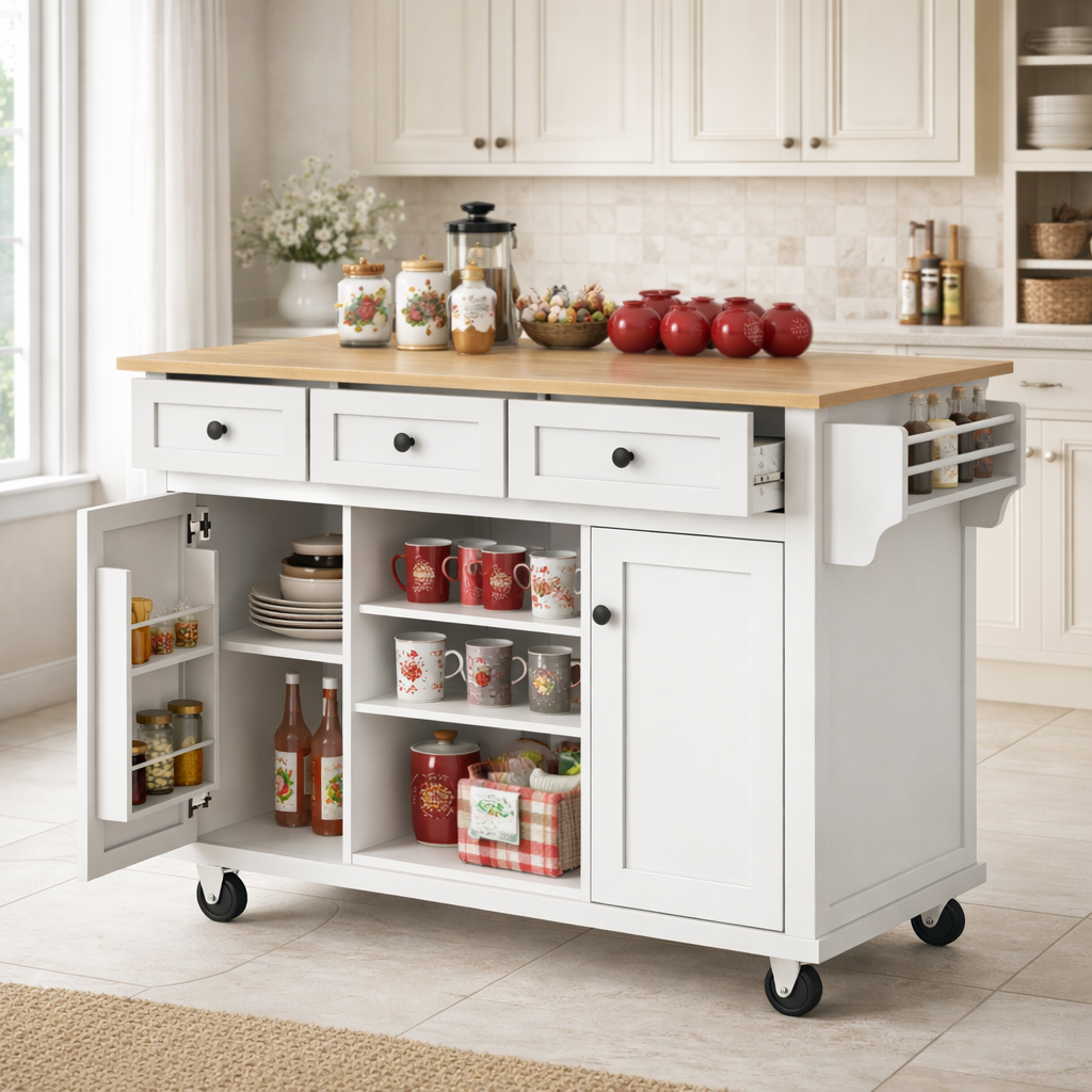 Java 53" Rolling Kitchen Island with Drop Leaf Rubberwood Top and Storage Drawers