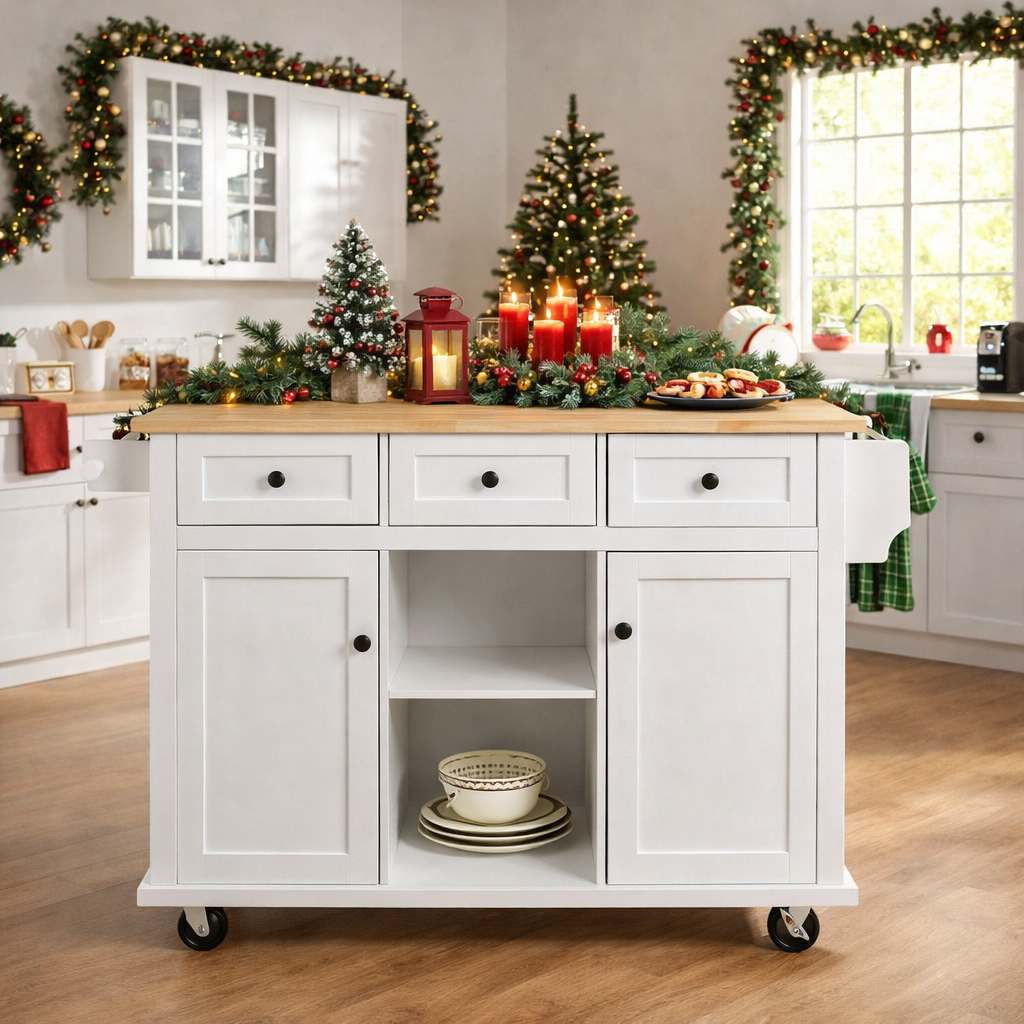 Java 53" Rolling Kitchen Island with Drop Leaf Rubberwood Top and Storage Drawers