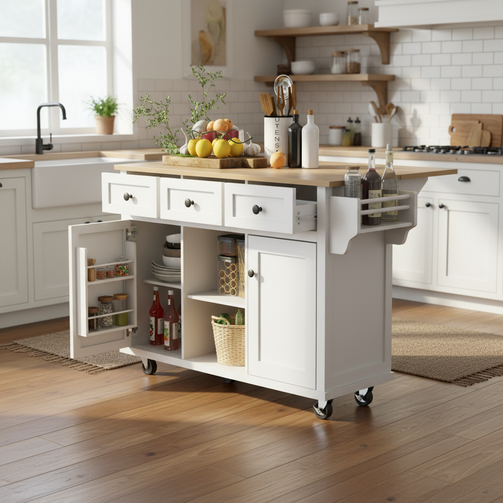 Java 53" Rolling Kitchen Island with Drop Leaf Rubberwood Top and Storage Drawers