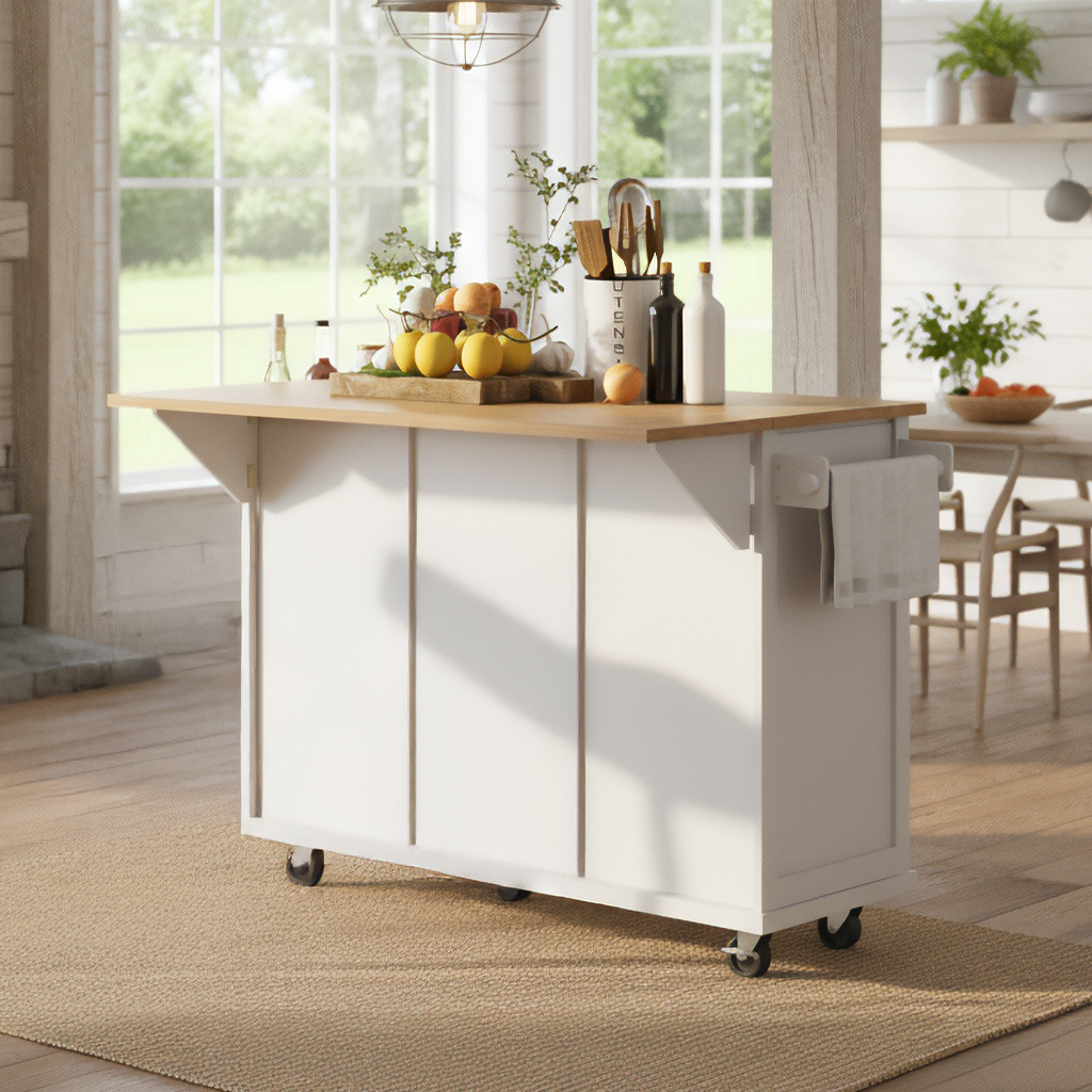 Java 53" Rolling Kitchen Island with Drop Leaf Rubberwood Top and Storage Drawers