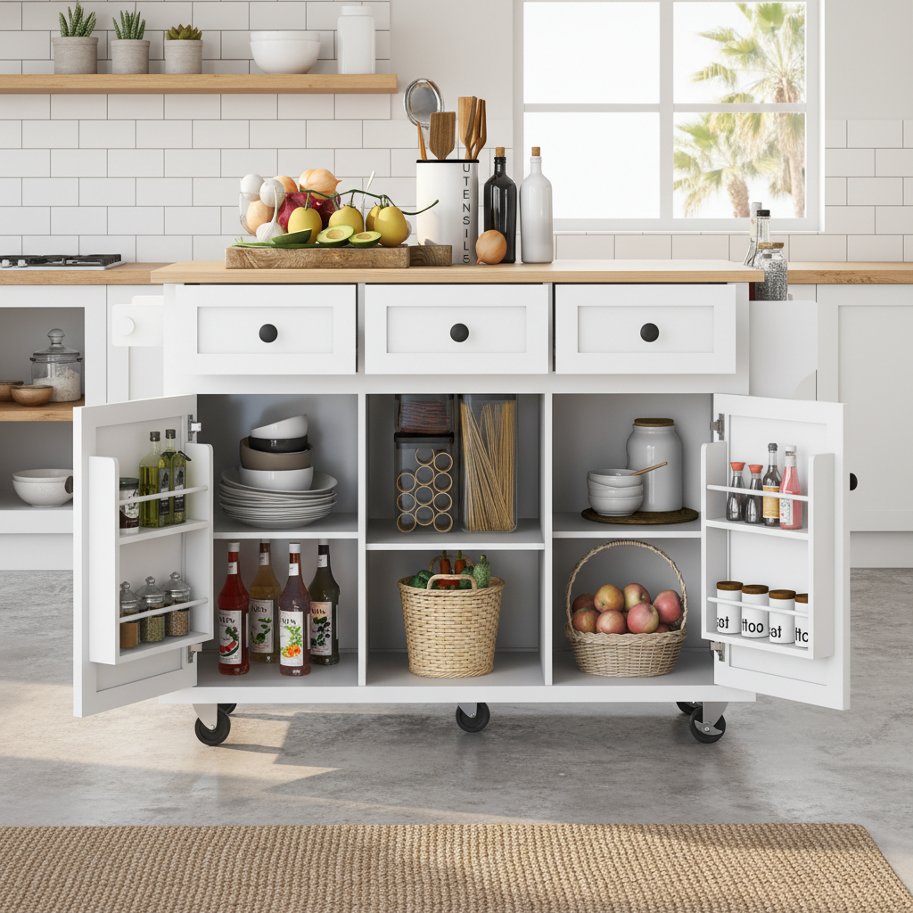 Java 53" Rolling Kitchen Island with Drop Leaf Rubberwood Top and Storage Drawers