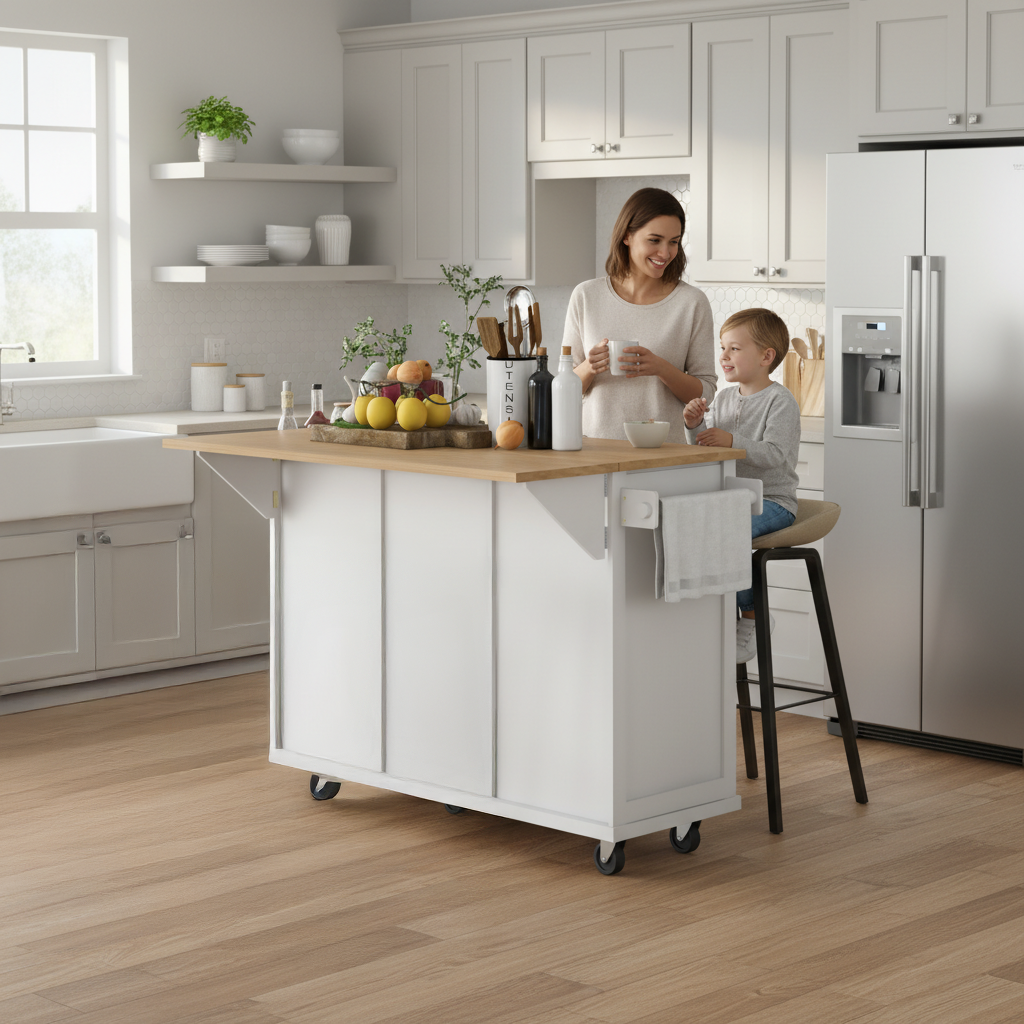 Java 53" Rolling Kitchen Island with Drop Leaf Rubberwood Top and Storage Drawers