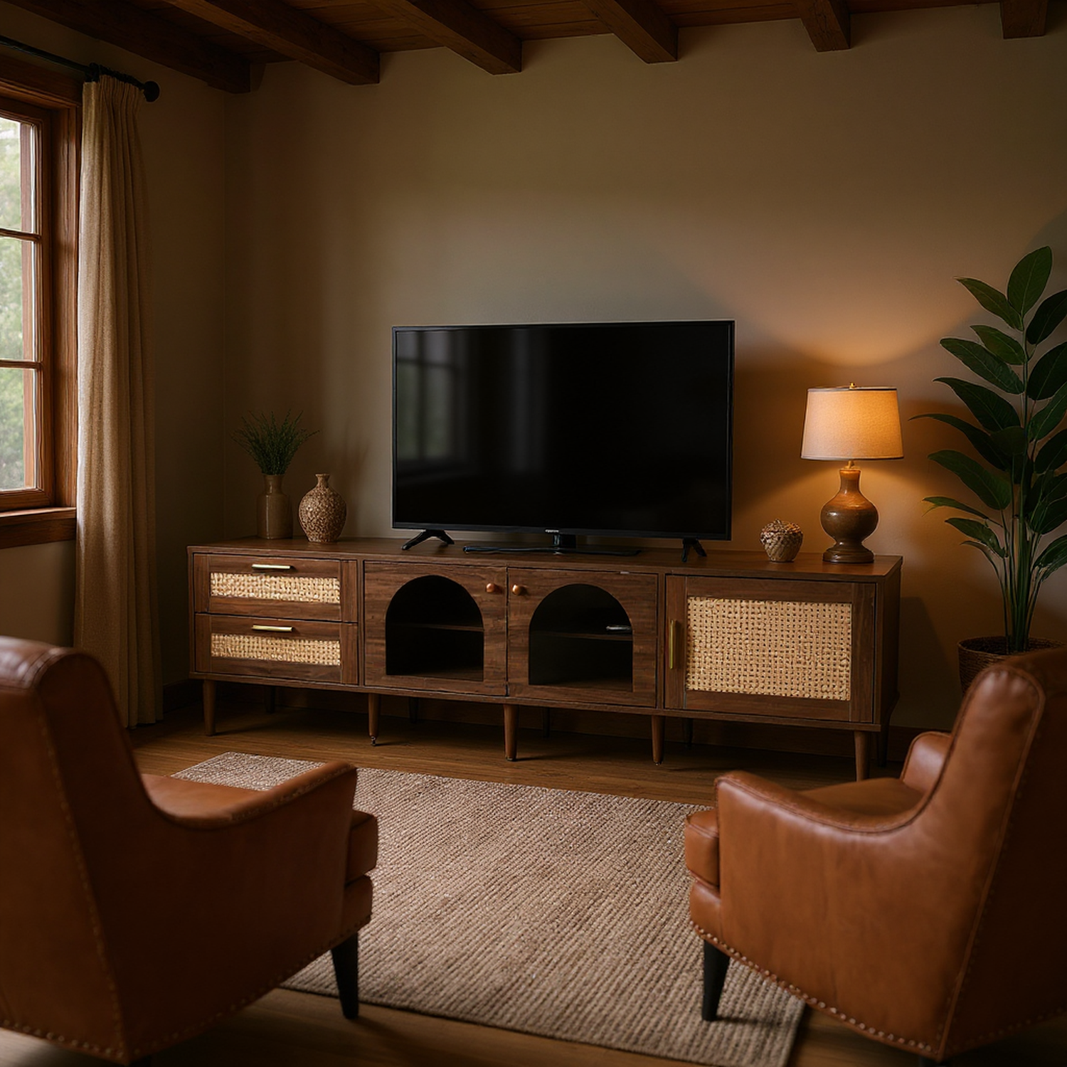 Calmera Rattan Media Console with Drawers and LED Light