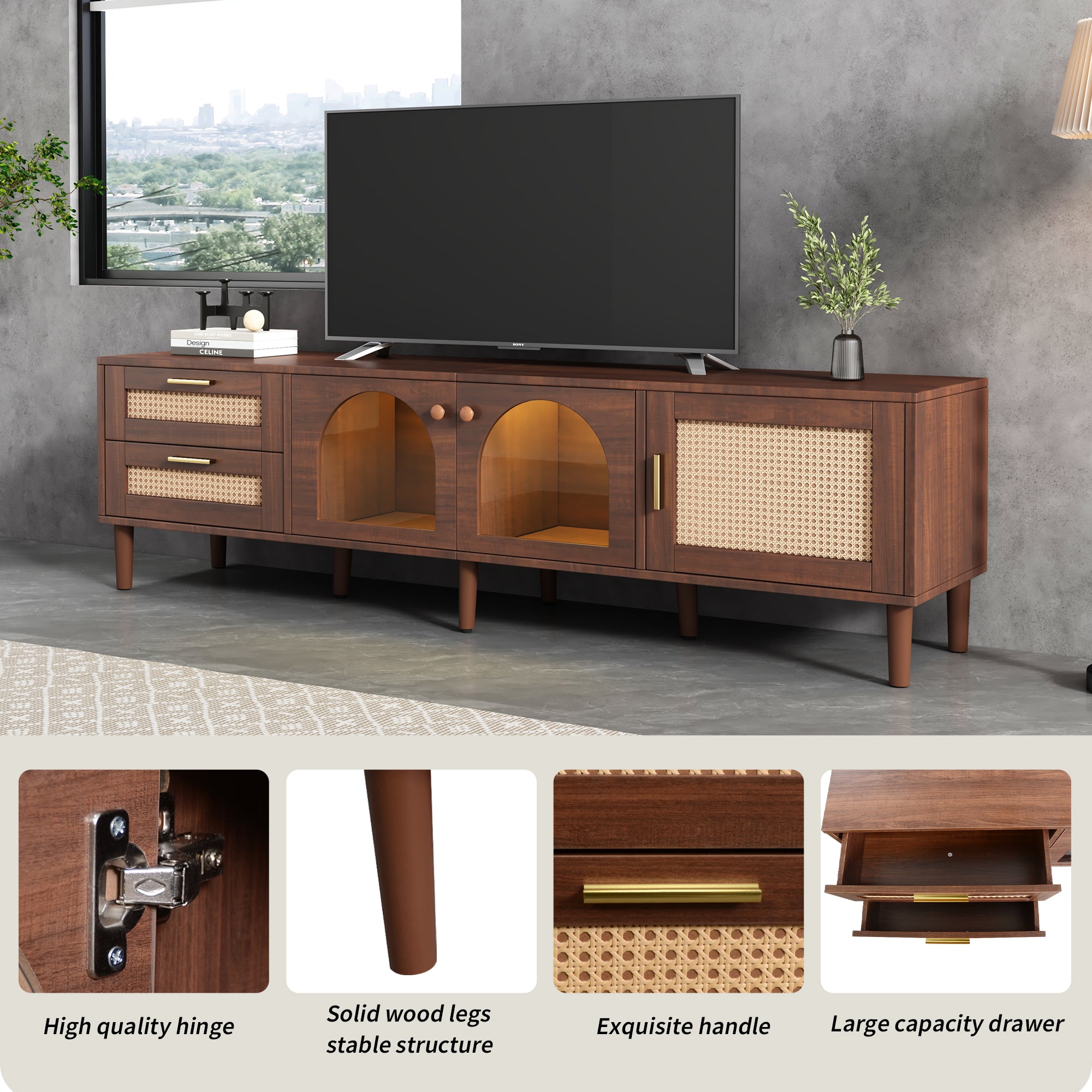 Calmera Rattan Media Console with Drawers and LED Light