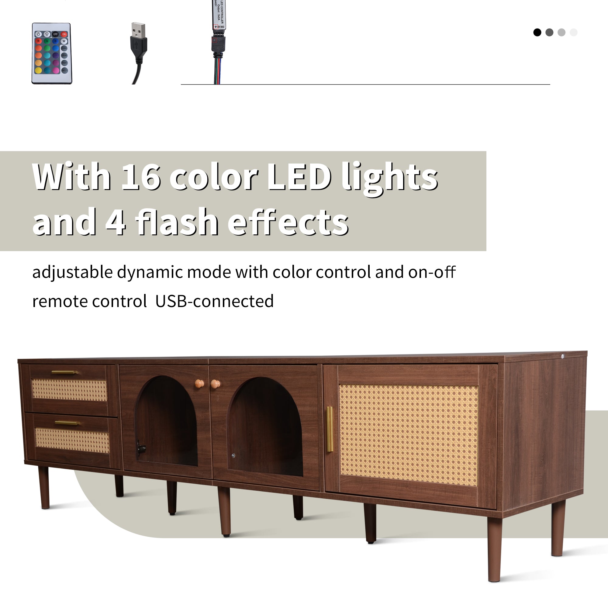 Calmera Rattan Media Console with Drawers and LED Light