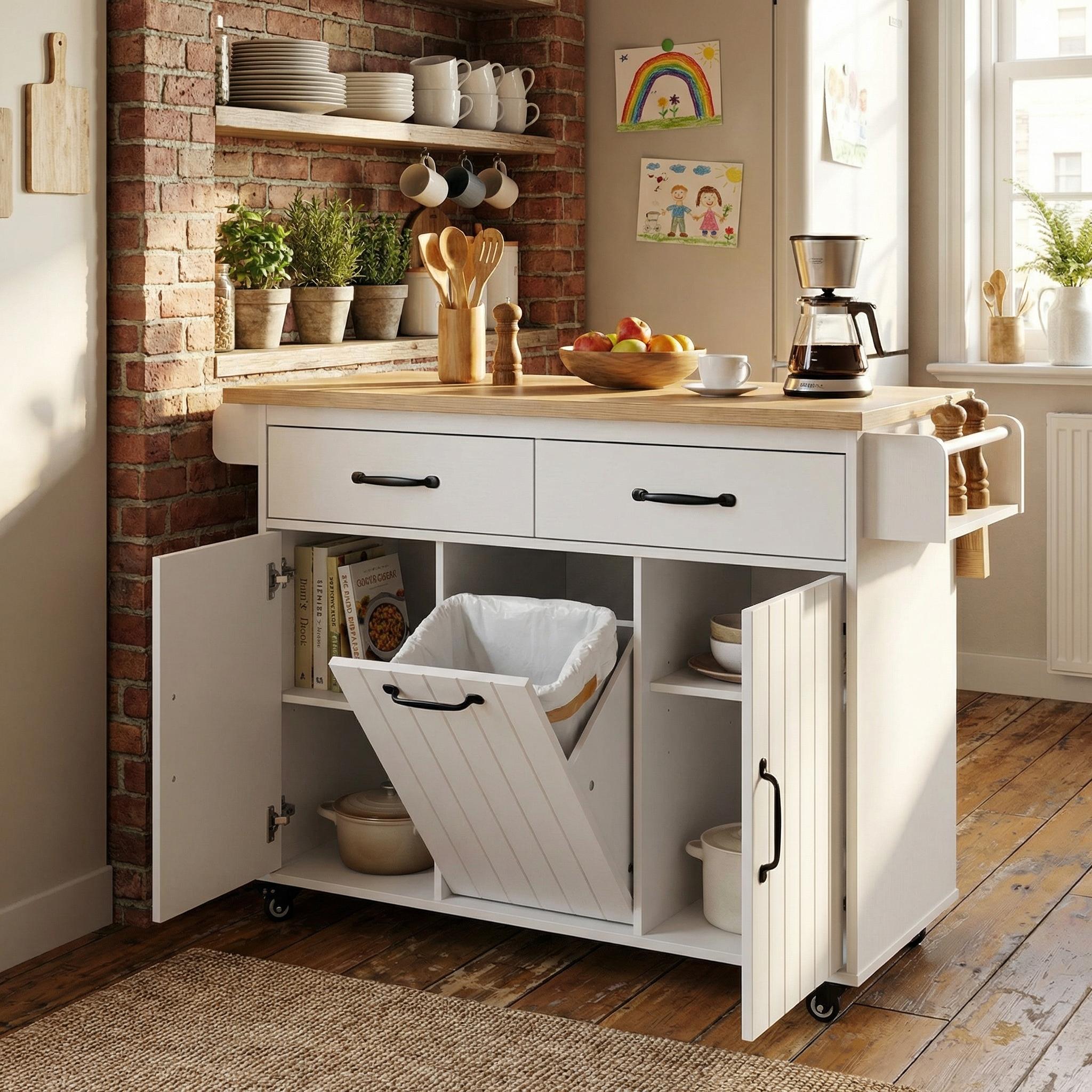 HomyCasa Kitchen Island Cart with Tilt-Out Trash Storage and Rolling Wheels, White