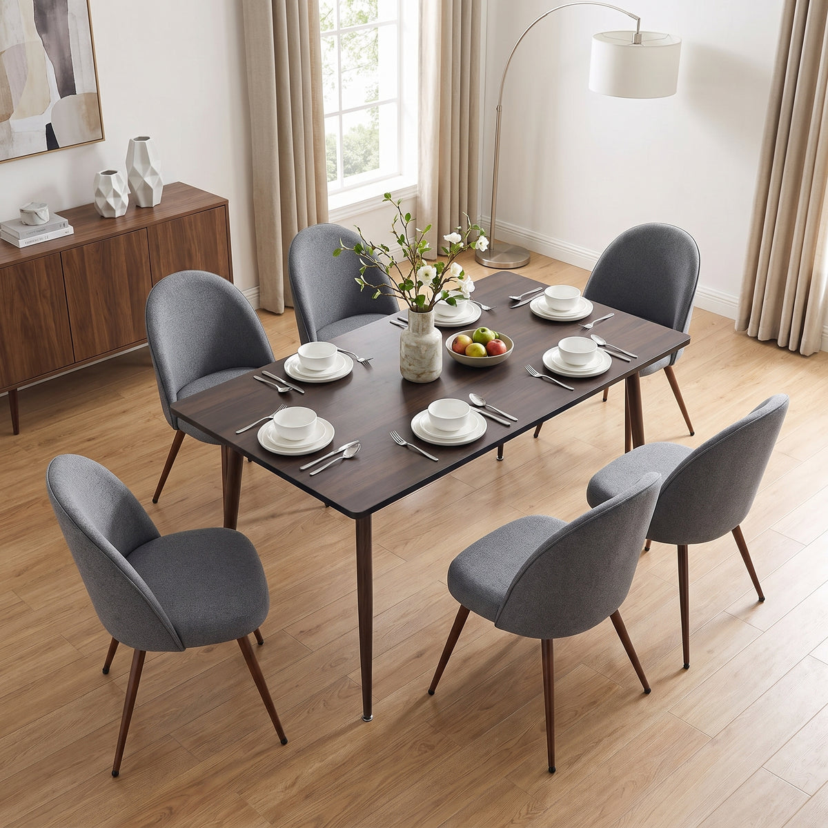 Homy Casa WHALEN+HAVEN 7PC Dining Set with 47.2” Table and 6 HAVEN Gray Fabric Chairs, Walnut-Look Legs Open Box