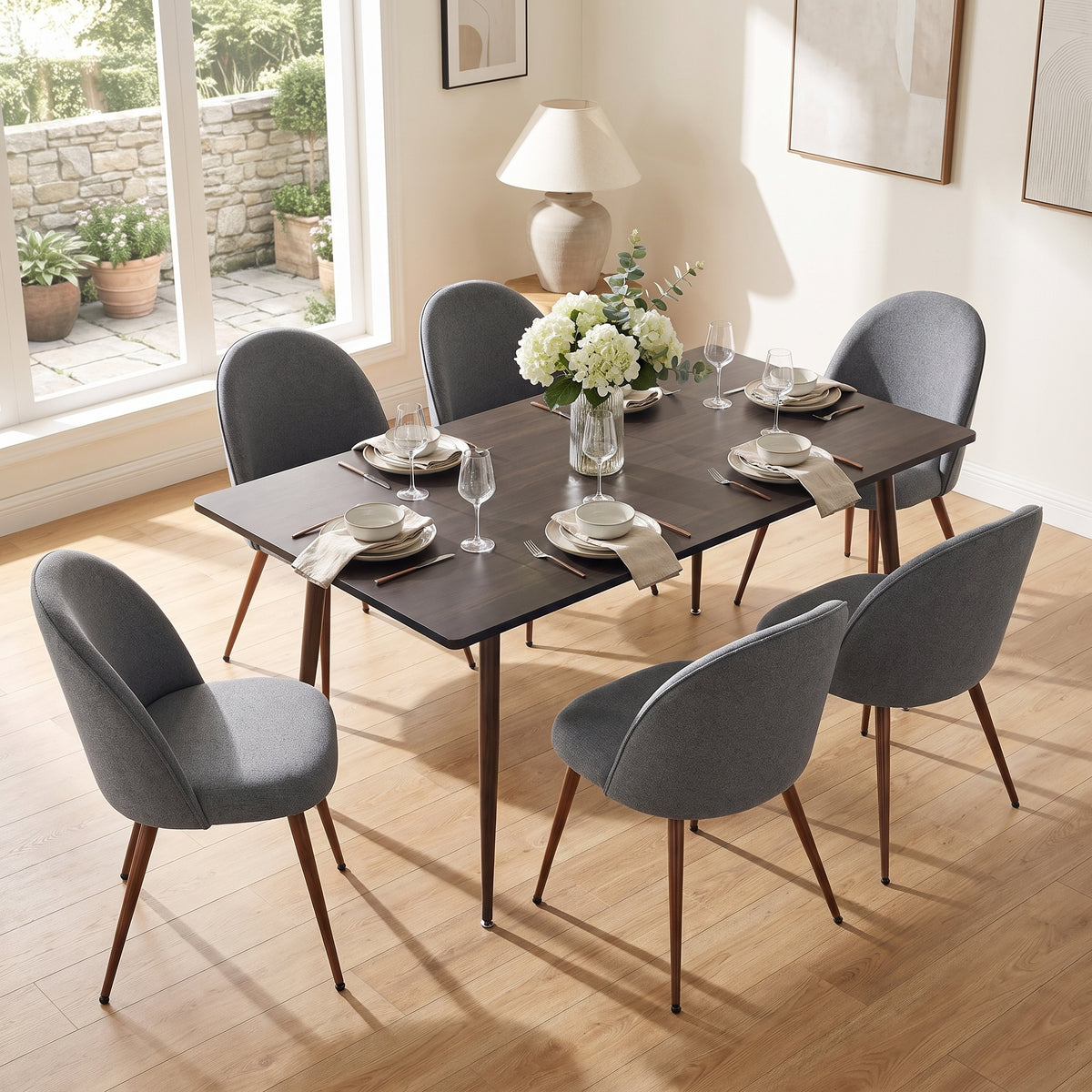 Homy Casa WHALEN+HAVEN 7PC Dining Set with 47.2” Table and 6 HAVEN Gray Fabric Chairs, Walnut-Look Legs Open Box