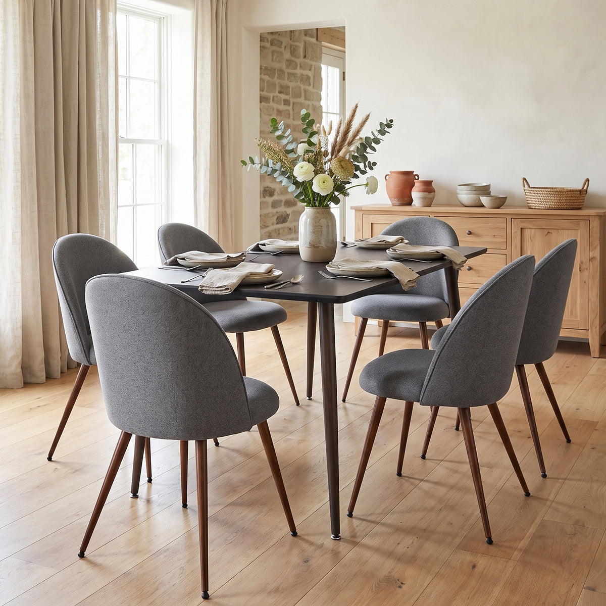 Homy Casa WHALEN+HAVEN 7PC Dining Set with 47.2” Table and 6 HAVEN Gray Fabric Chairs, Walnut-Look Legs Open Box