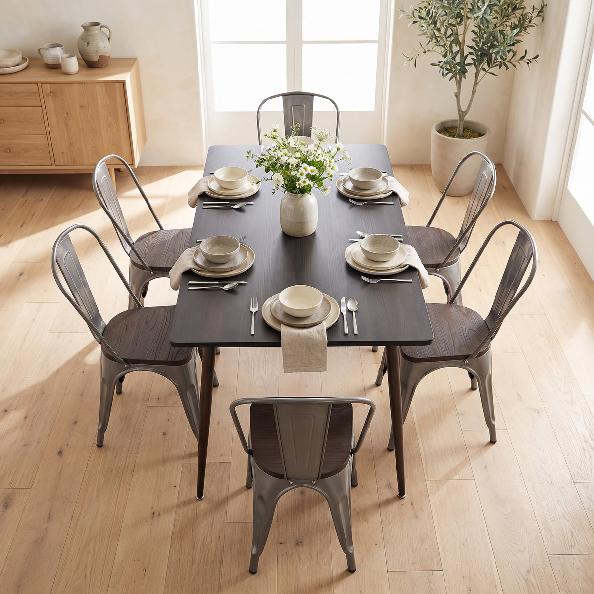 Homy Casa WHALEN+KRICOX 7PC Dining Set 47.2” Table with 6 KRICOX Chairs in Wood-Look and Silver Finish Open Box