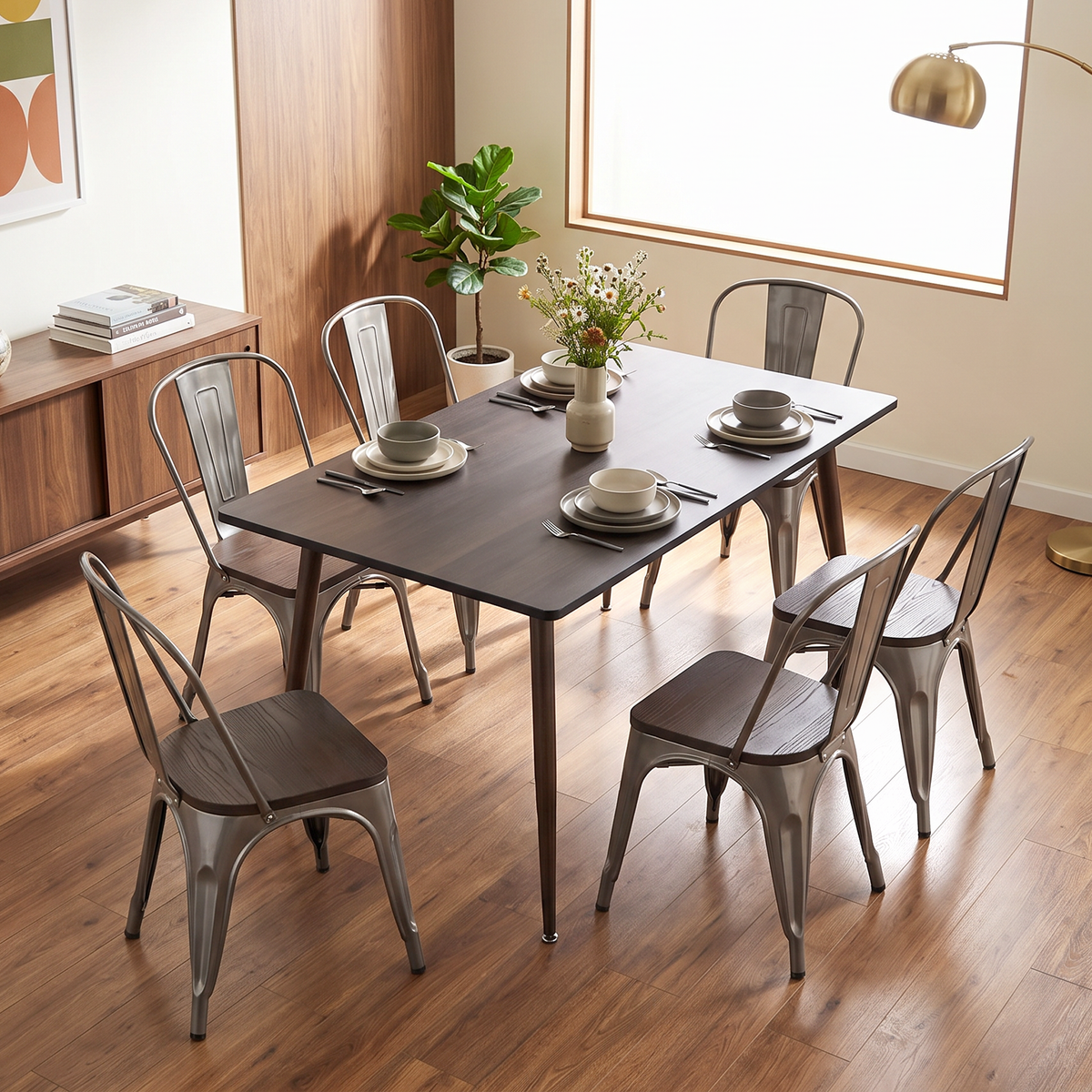 Homy Casa WHALEN+KRICOX 7PC Dining Set 47.2” Table with 6 KRICOX Chairs in Wood-Look and Silver Finish Open Box