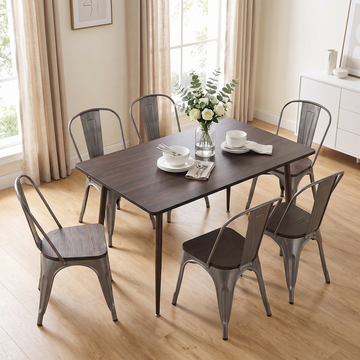 Homy Casa WHALEN+KRICOX 7PC Dining Set 47.2” Table with 6 KRICOX Chairs in Wood-Look and Silver Finish Open Box
