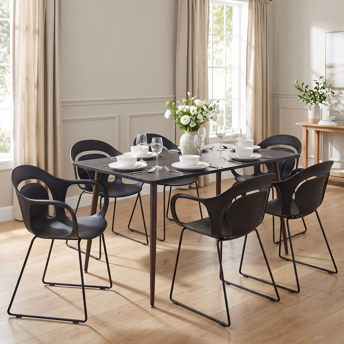 Homy Casa WHALEN+PHIL 7PC Dining Set with 47.2" Table and 6 PHIL Black Chairs, Wood-Look Finish Open Box