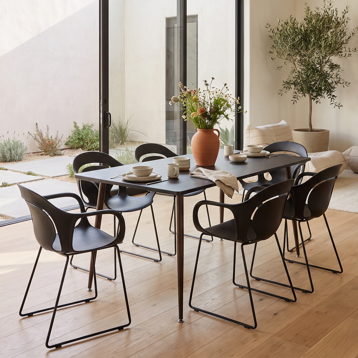 Homy Casa WHALEN+PHIL 7PC Dining Set with 47.2" Table and 6 PHIL Black Chairs, Wood-Look Finish Open Box
