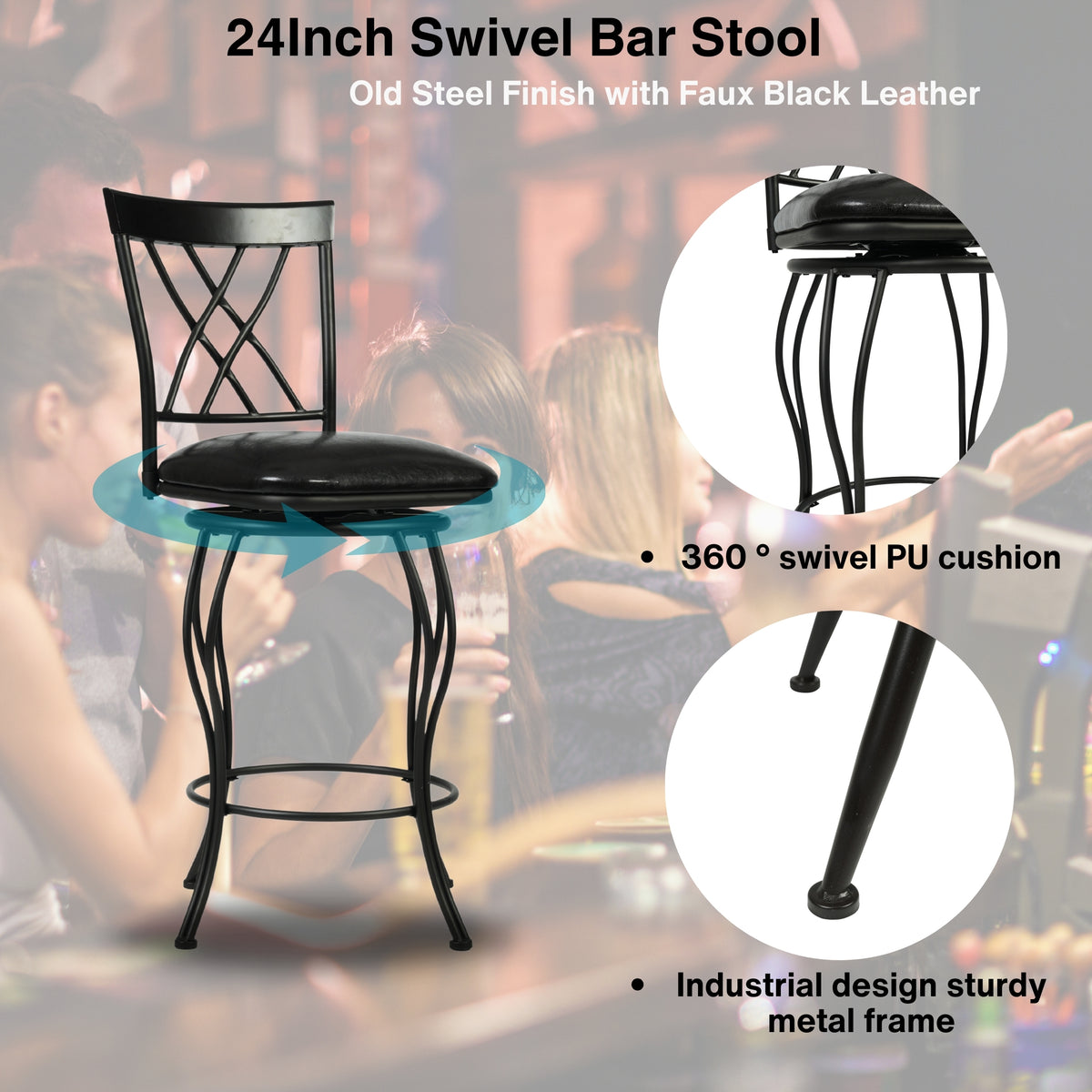 Homy Casa WICHITA 4PC Bar Stool Set 24” Kitchen & Dining Furniture Set with Upholstered PU Seats in Black Open Box