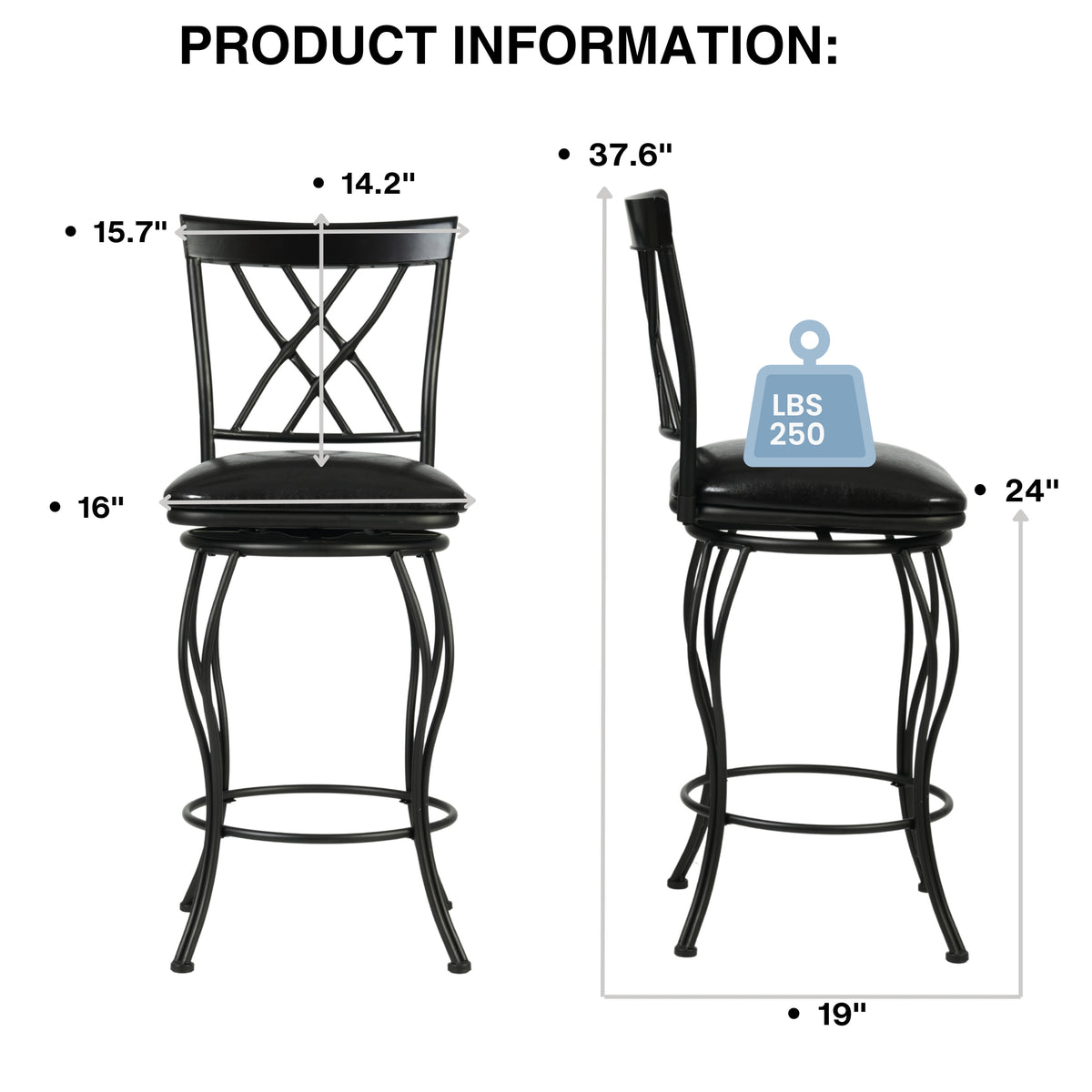 Homy Casa WICHITA 2PC 24” Counter Height Bar Chairs, Industrial Metal & PU Upholstered, Black Open Box