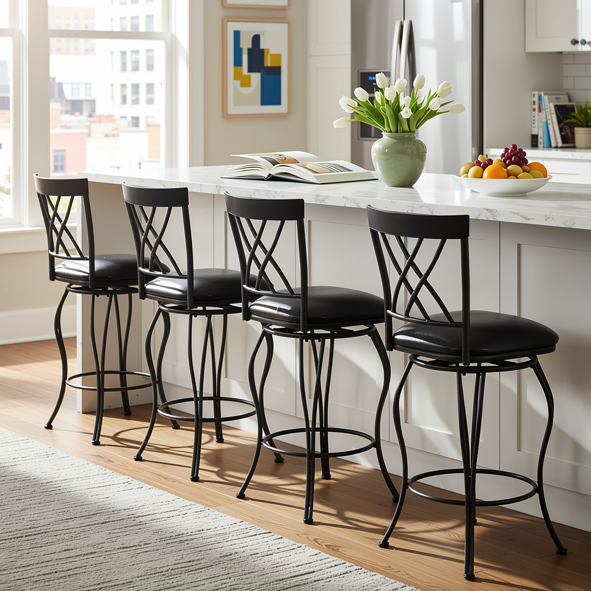 Homy Casa WICHITA 4PC Bar Stool Set 24” Kitchen & Dining Furniture Set with Upholstered PU Seats in Black Open Box