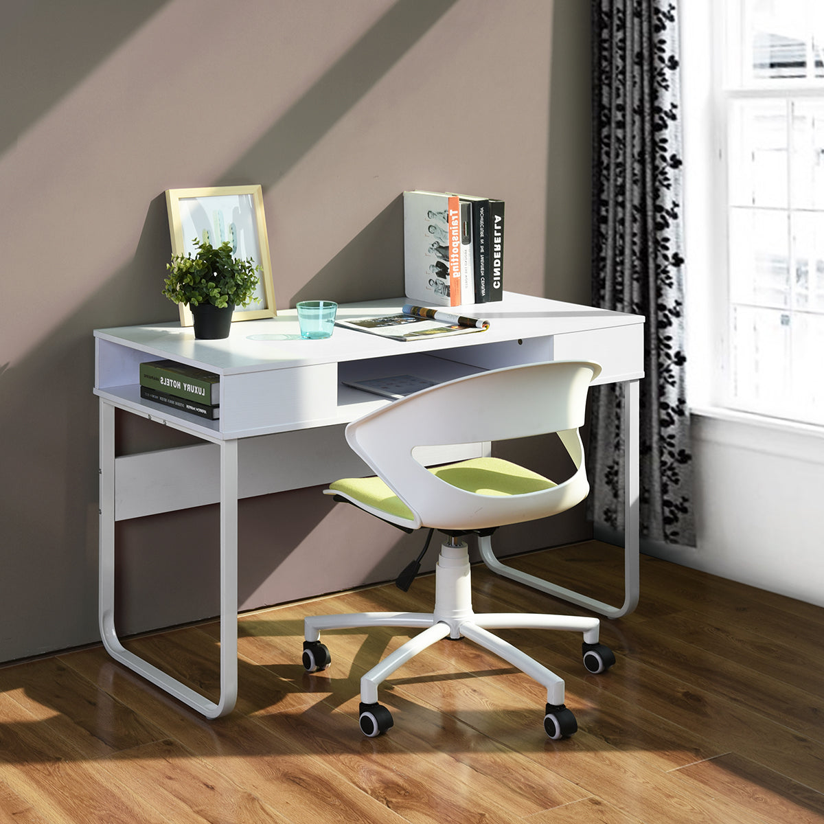 Homy Casa WIRE Modern Writing Desk with Storage Shelves, 43" White Computer Desk, Open Box
