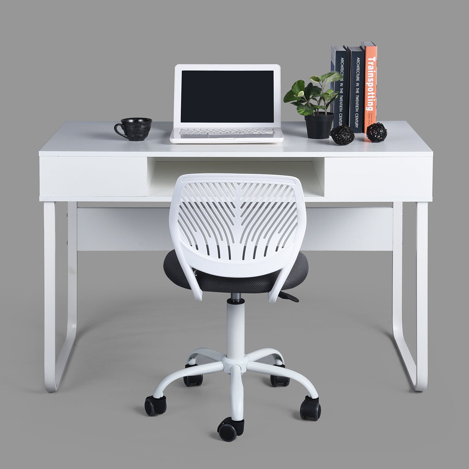 Homy Casa WIRE Modern Writing Desk with Storage Shelves, 43" White Computer Desk, Open Box