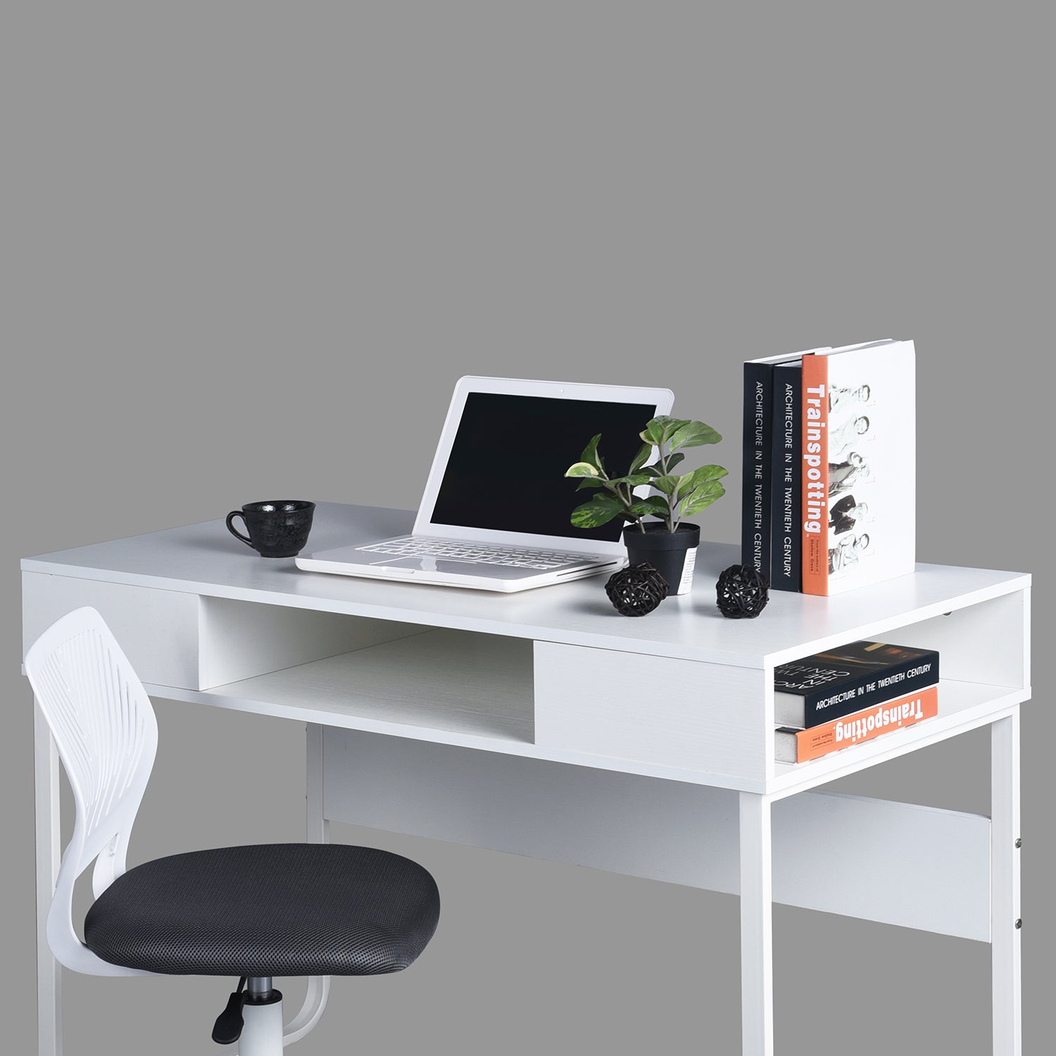 Homy Casa WIRE Modern Writing Desk with Storage Shelves, 43" White Computer Desk, Open Box