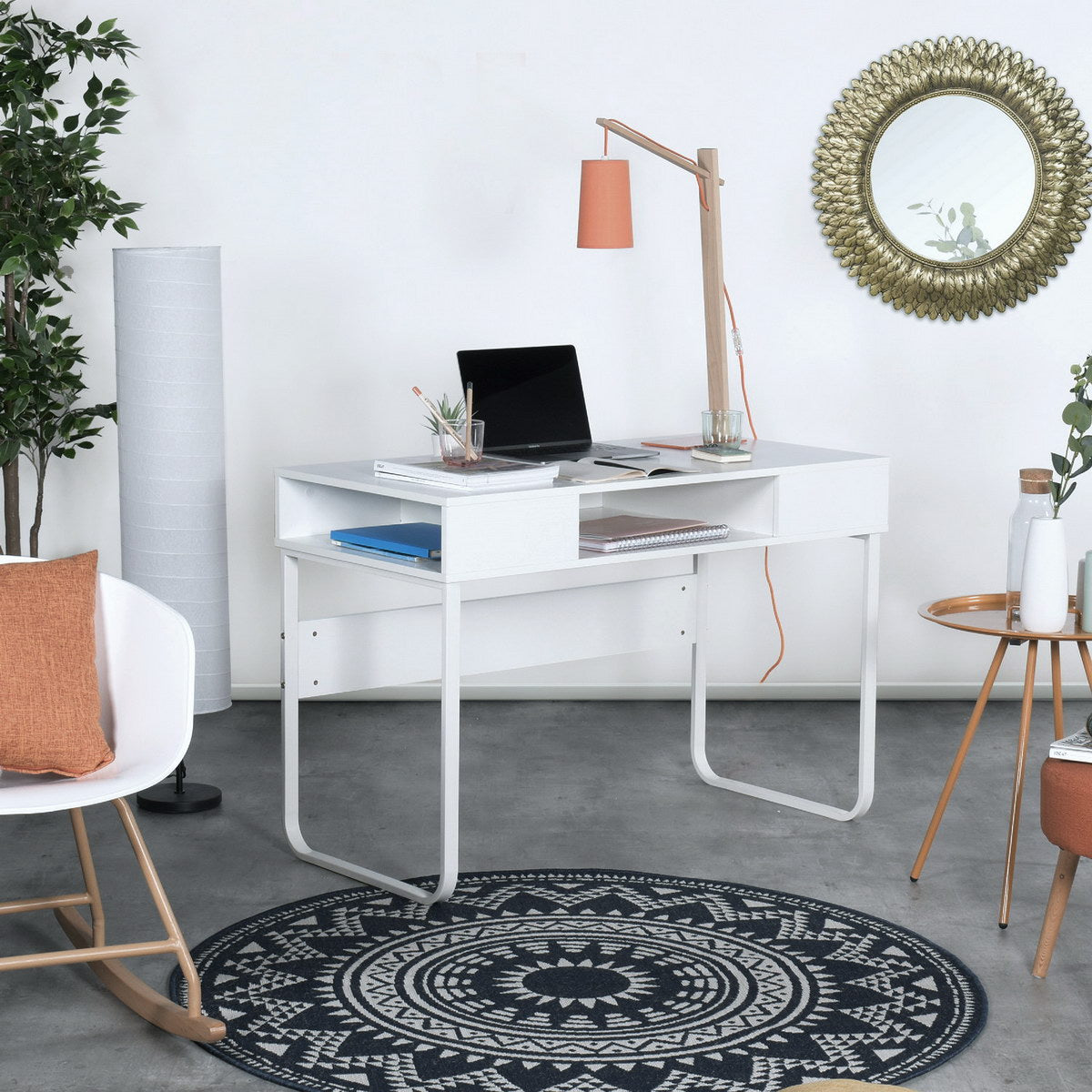 Homy Casa WIRE Modern Writing Desk with Storage Shelves, 43" White Computer Desk, Open Box