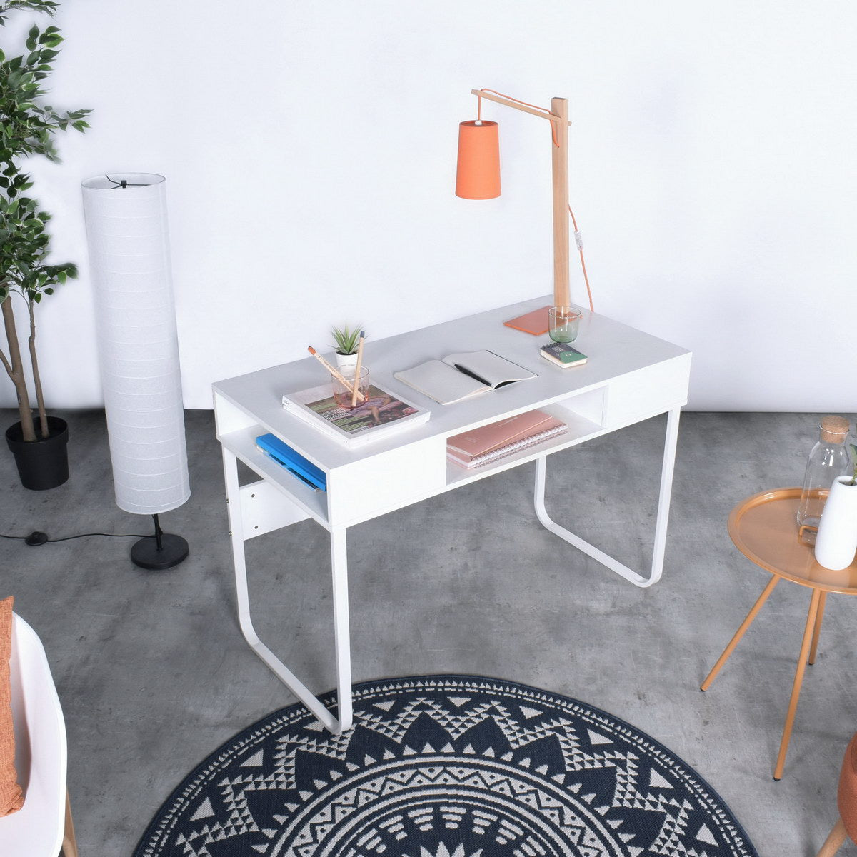 Homy Casa WIRE Modern Writing Desk with Storage Shelves, 43" White Computer Desk, Open Box