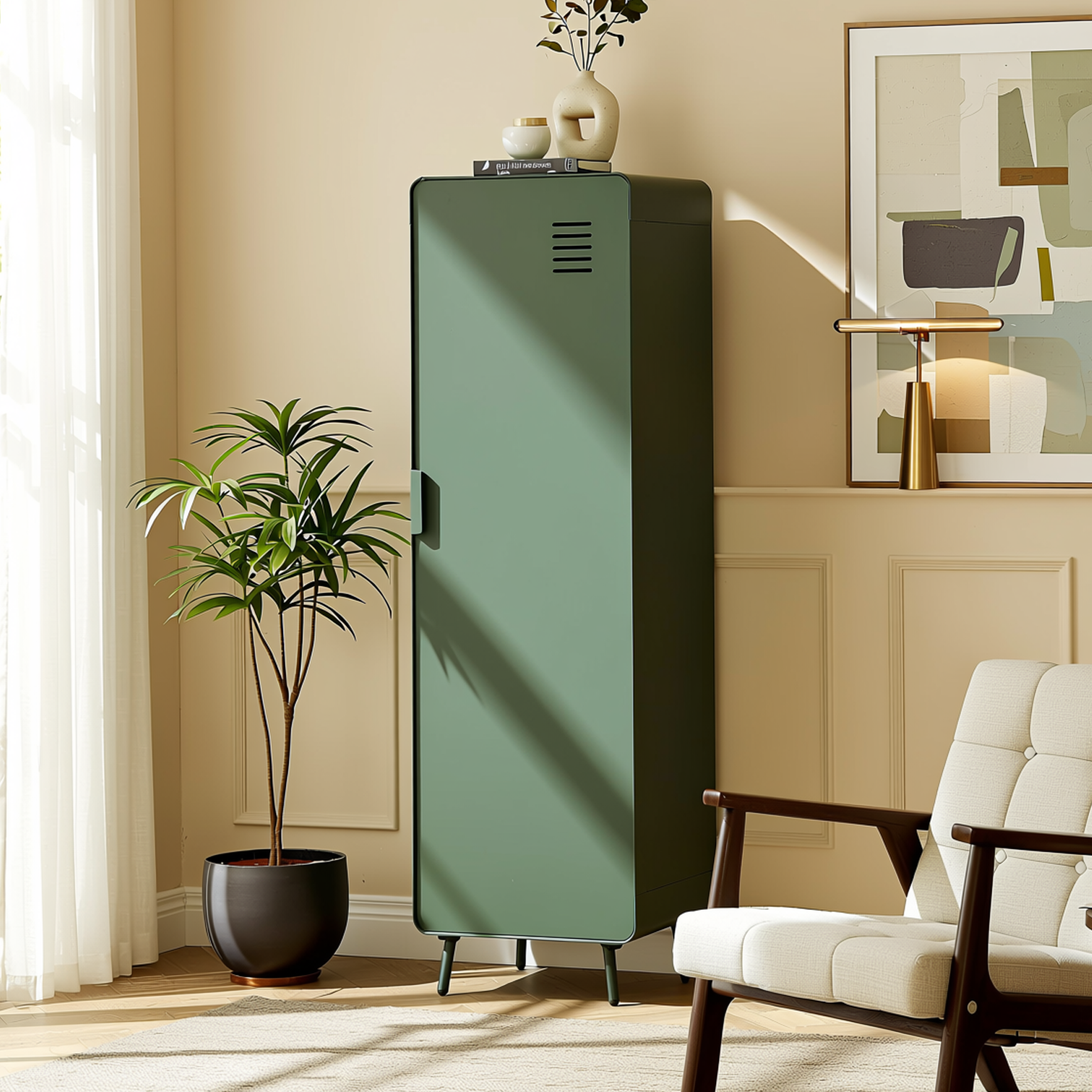 Homy Casa Walnut 54" Tall Morandi Green Storage Cabinet with Ventilated Door no locker Assembled