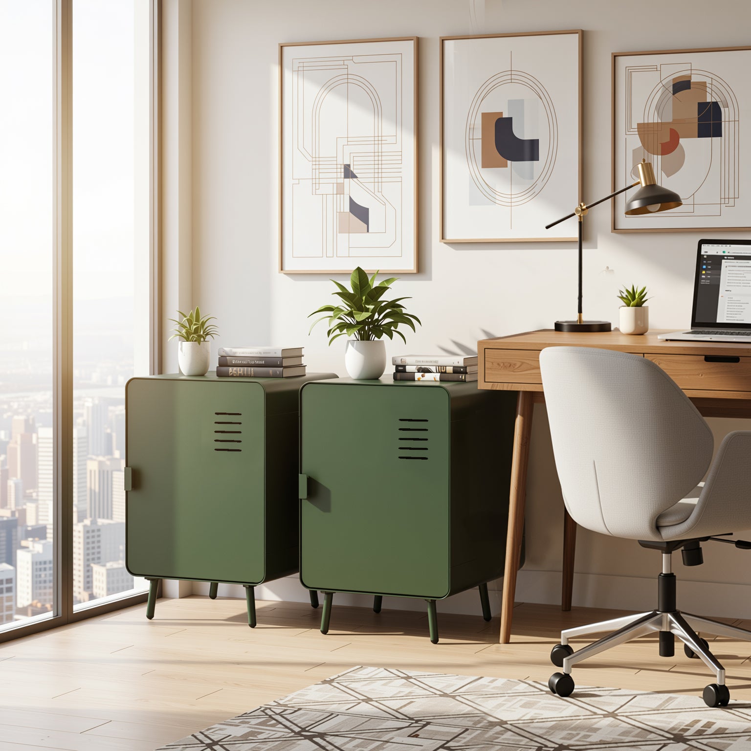 Homy Casa Walnut 16" Morandi Green Compact Metal Storage Cabinet Night Stand with Ventilated Door no locker Assembled