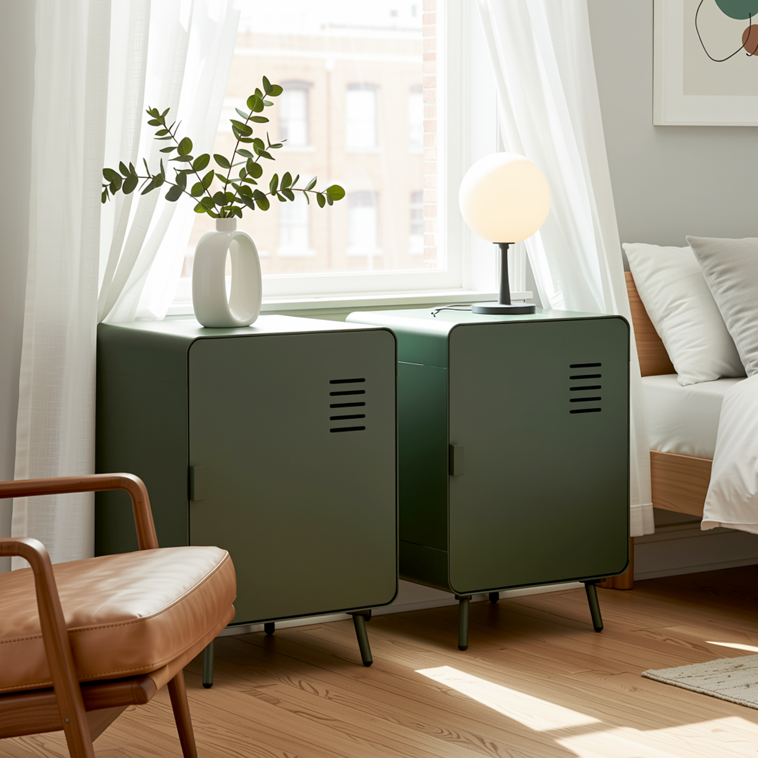 Homy Casa Walnut 16" Morandi Green Compact Metal Storage Cabinet Night Stand with Ventilated Door no locker Assembled