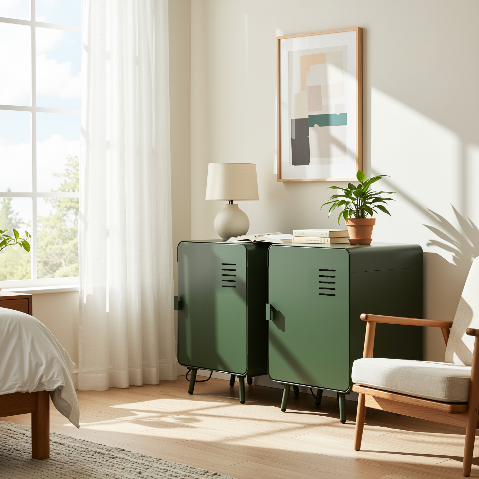 Homy Casa Walnut 2PC Morandi Green Compact Metal Storage Cabinet Night Stand with Ventilated Door no locker Assembled