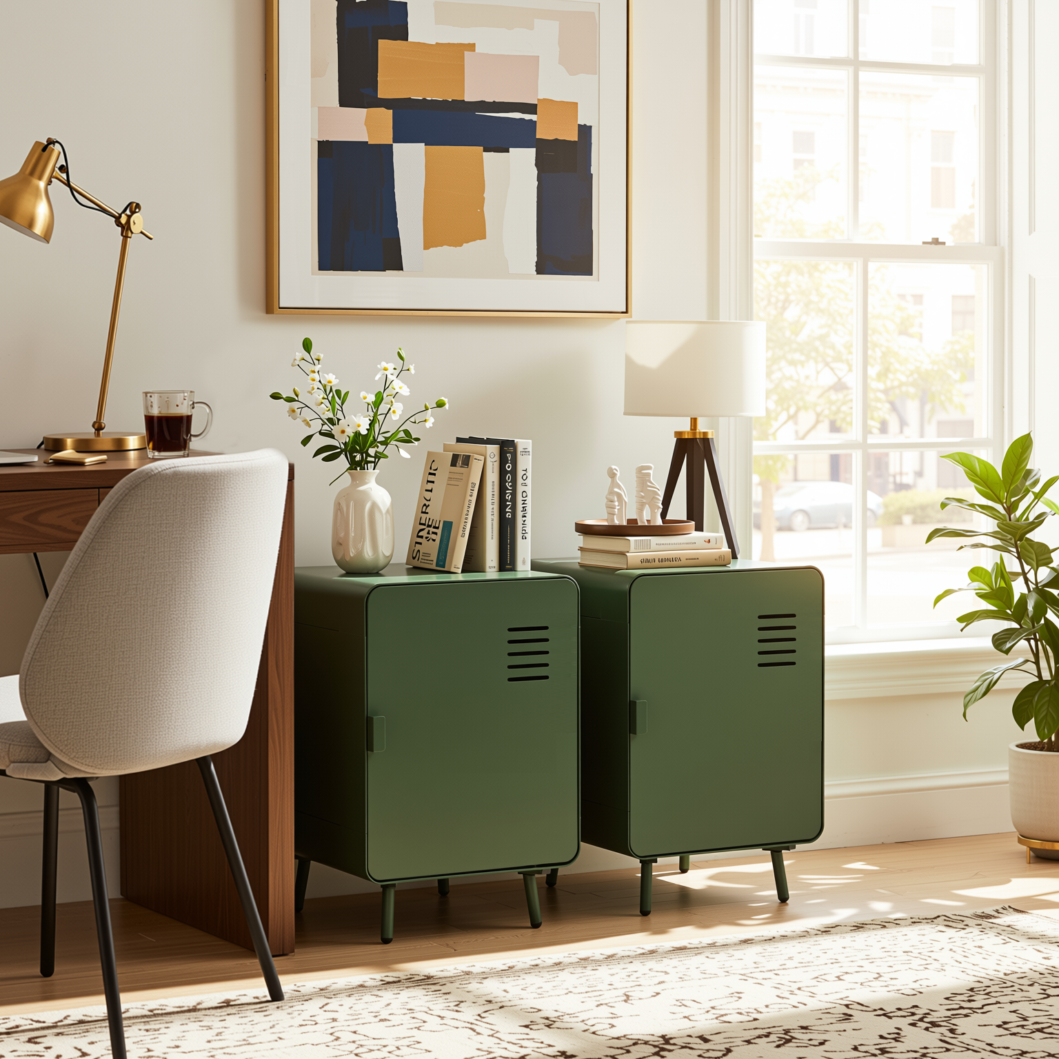 Homy Casa Walnut 16" Morandi Green Compact Metal Storage Cabinet Night Stand with Ventilated Door no locker Assembled