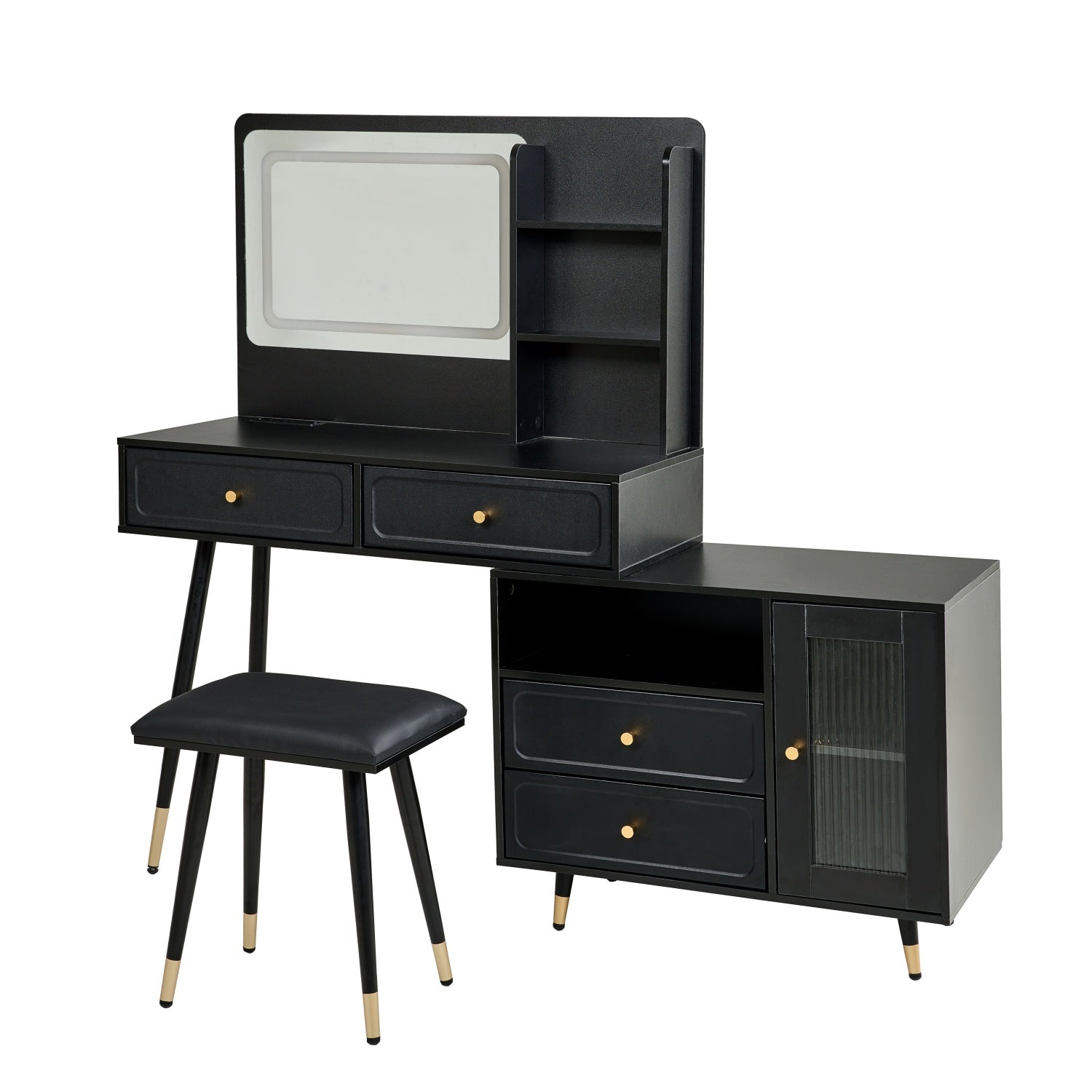 Voss Modern Vanity Desk Set with Lighted Mirror and Drawer Cabinet