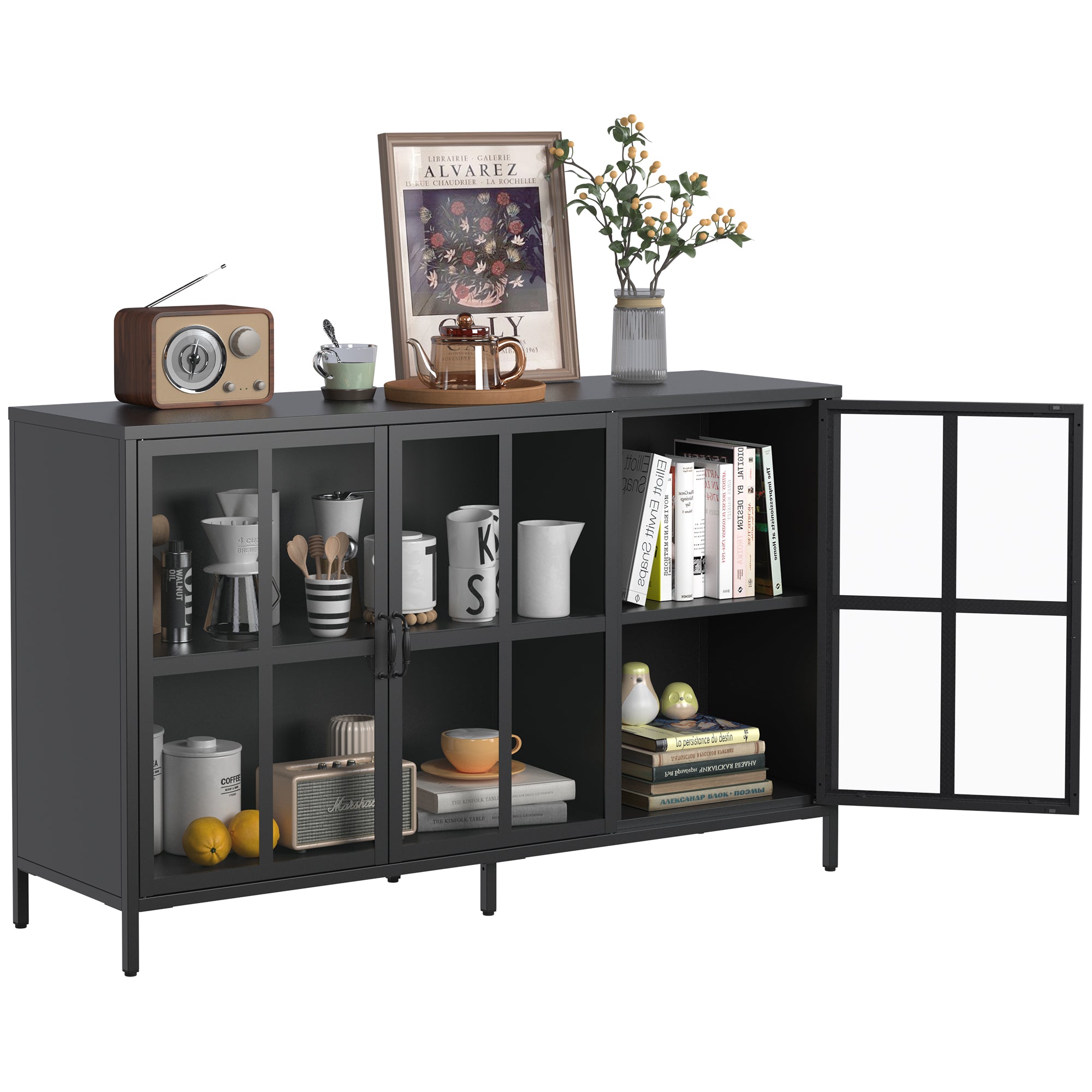 Andes Glass Doors Sideboard Storage Cabinet, Black