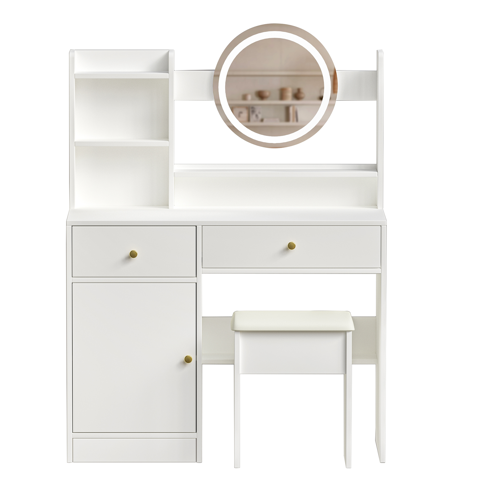 Malmo Modern White Vanity Table Set with Lighted Mirror and Storage Shelves