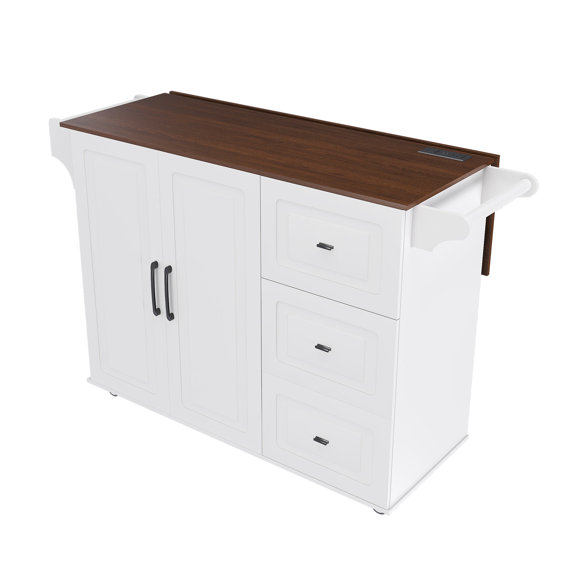 White Kitchen Island Cart with Foldable Tabletop & Drop Leaf - Mobile Breakfast Bar