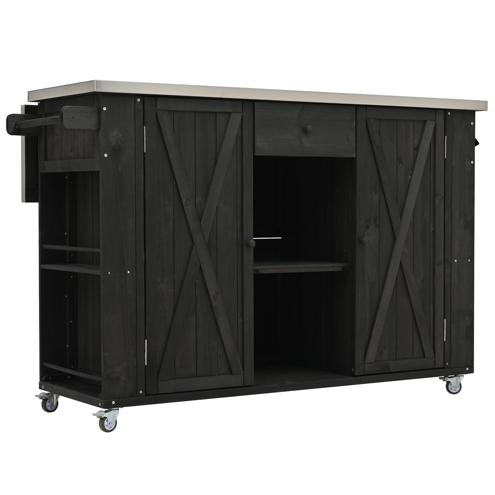 Quebec 52" Outdoor Fir Wood Kitchen Island with Stainless Steel Top, Black