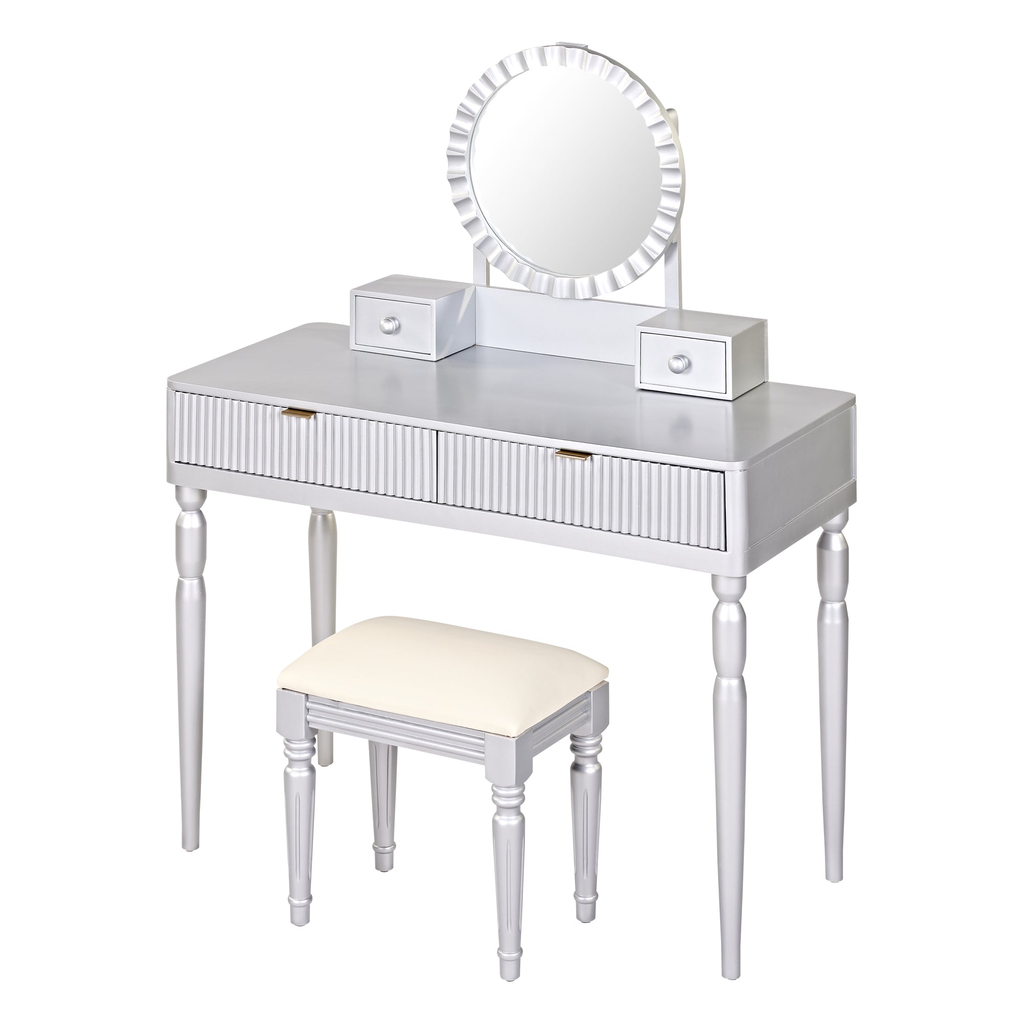 Vika 39" Fluted Vanity Desk Set with Round Mirror and Drawers