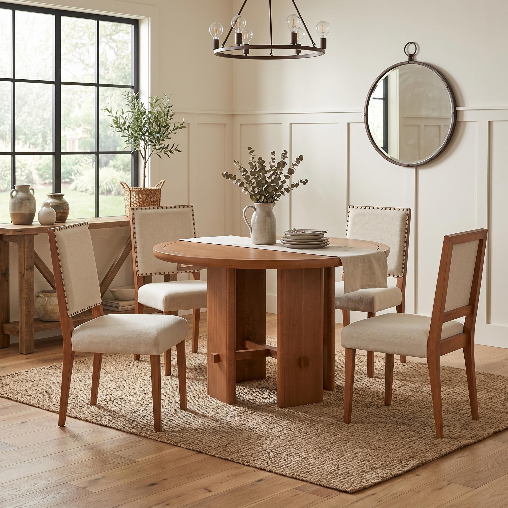 Whitney 5-Piece Round Farmhouse Dining Table Set with Nailhead Trim Upholstered Chairs