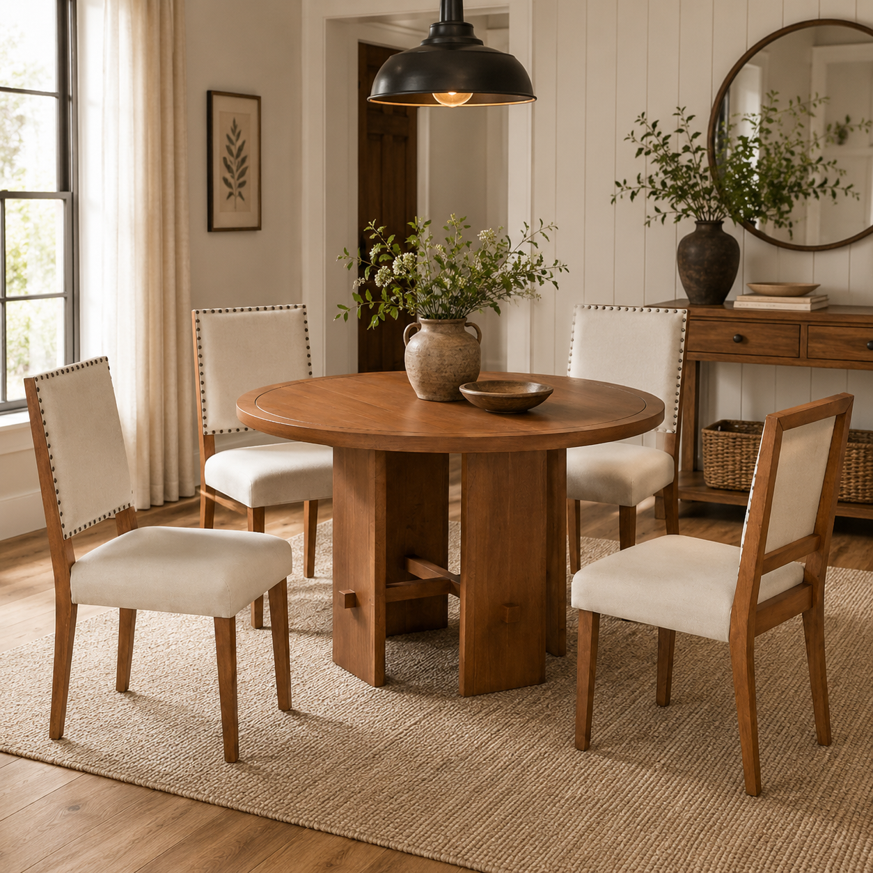 Whitney 5-Piece Round Farmhouse Dining Table Set with Nailhead Trim Upholstered Chairs