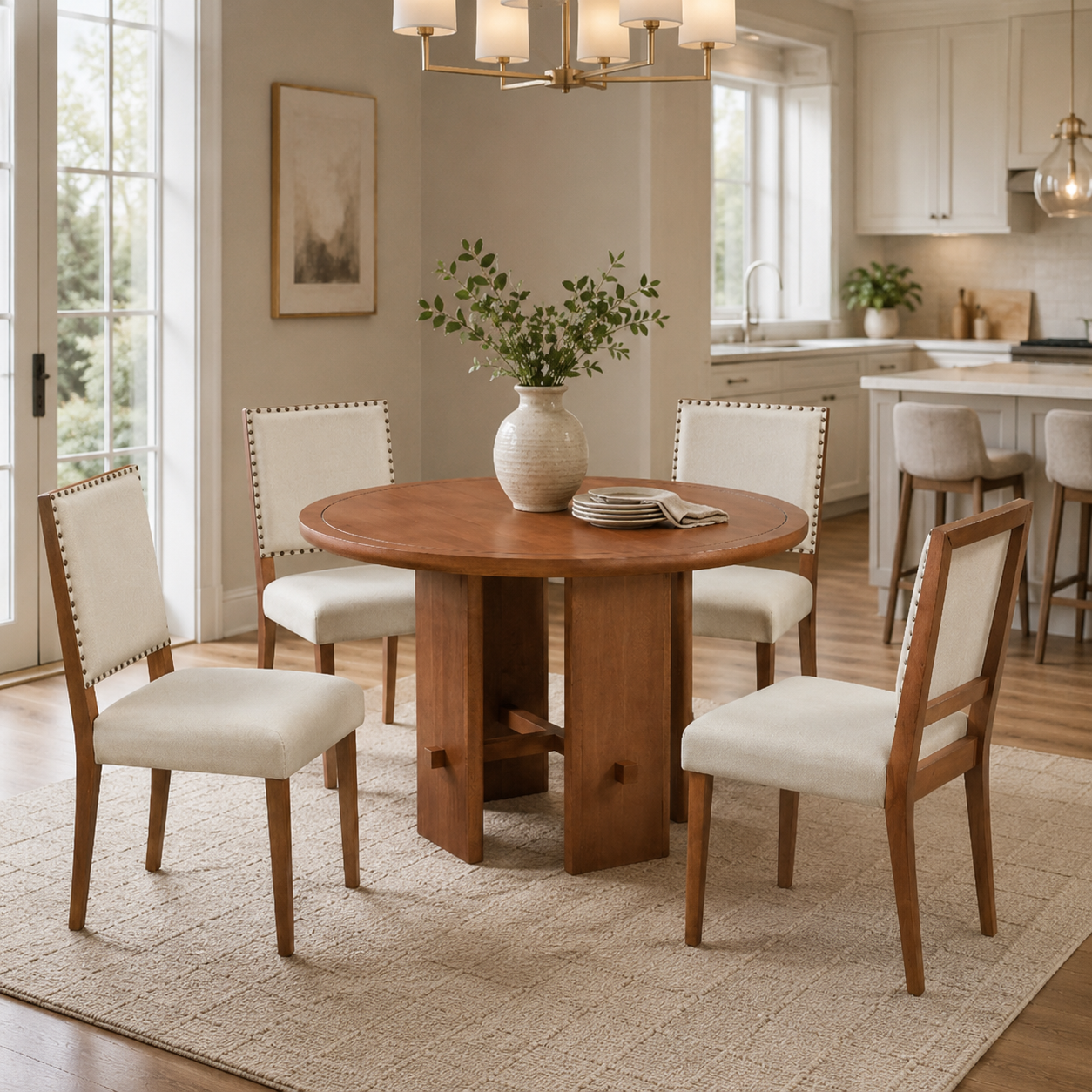 Whitney 5-Piece Round Farmhouse Dining Table Set with Nailhead Trim Upholstered Chairs