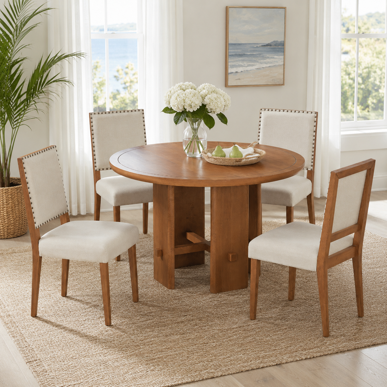 Whitney 5-Piece Round Farmhouse Dining Table Set with Nailhead Trim Upholstered Chairs