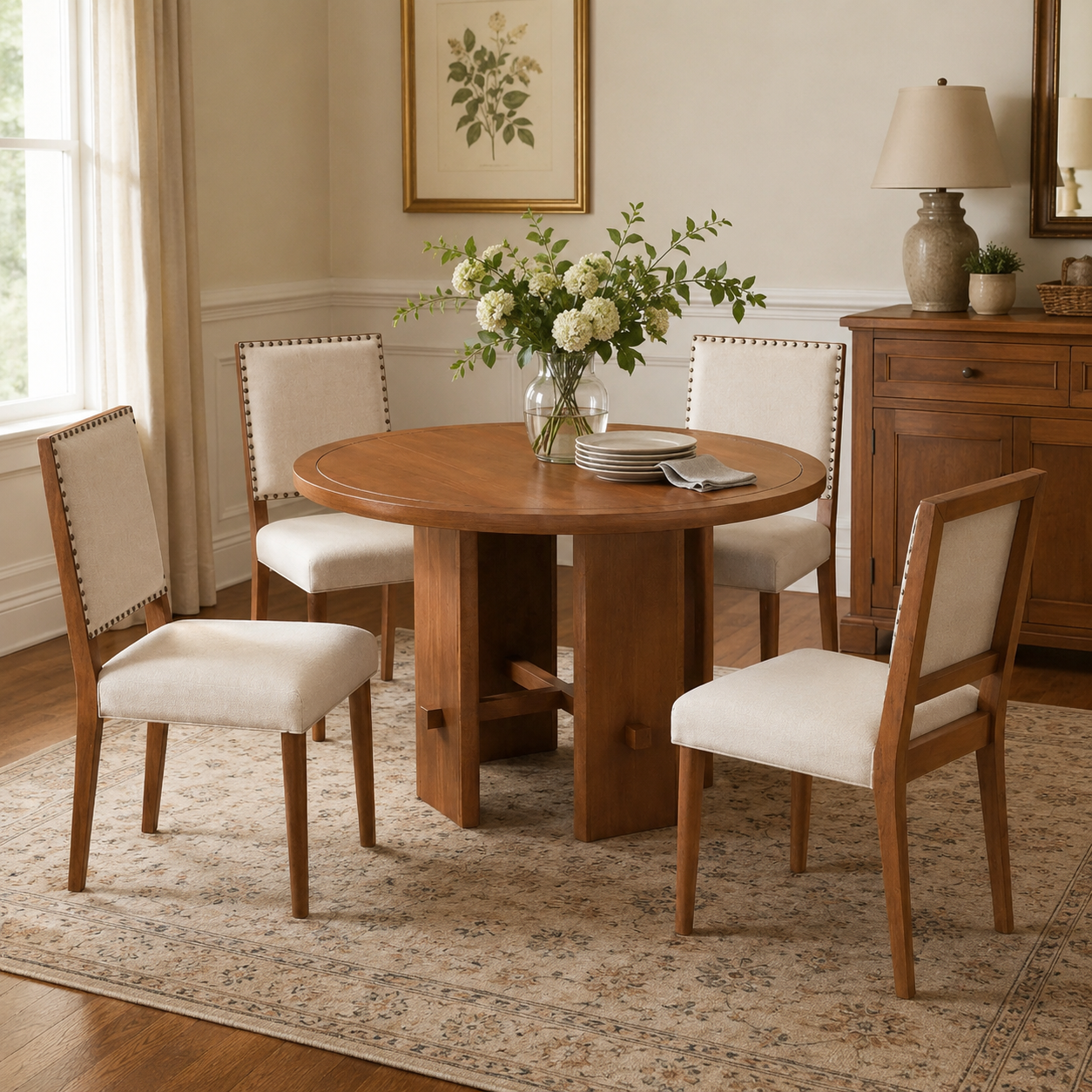 Whitney 5-Piece Round Farmhouse Dining Table Set with Nailhead Trim Upholstered Chairs