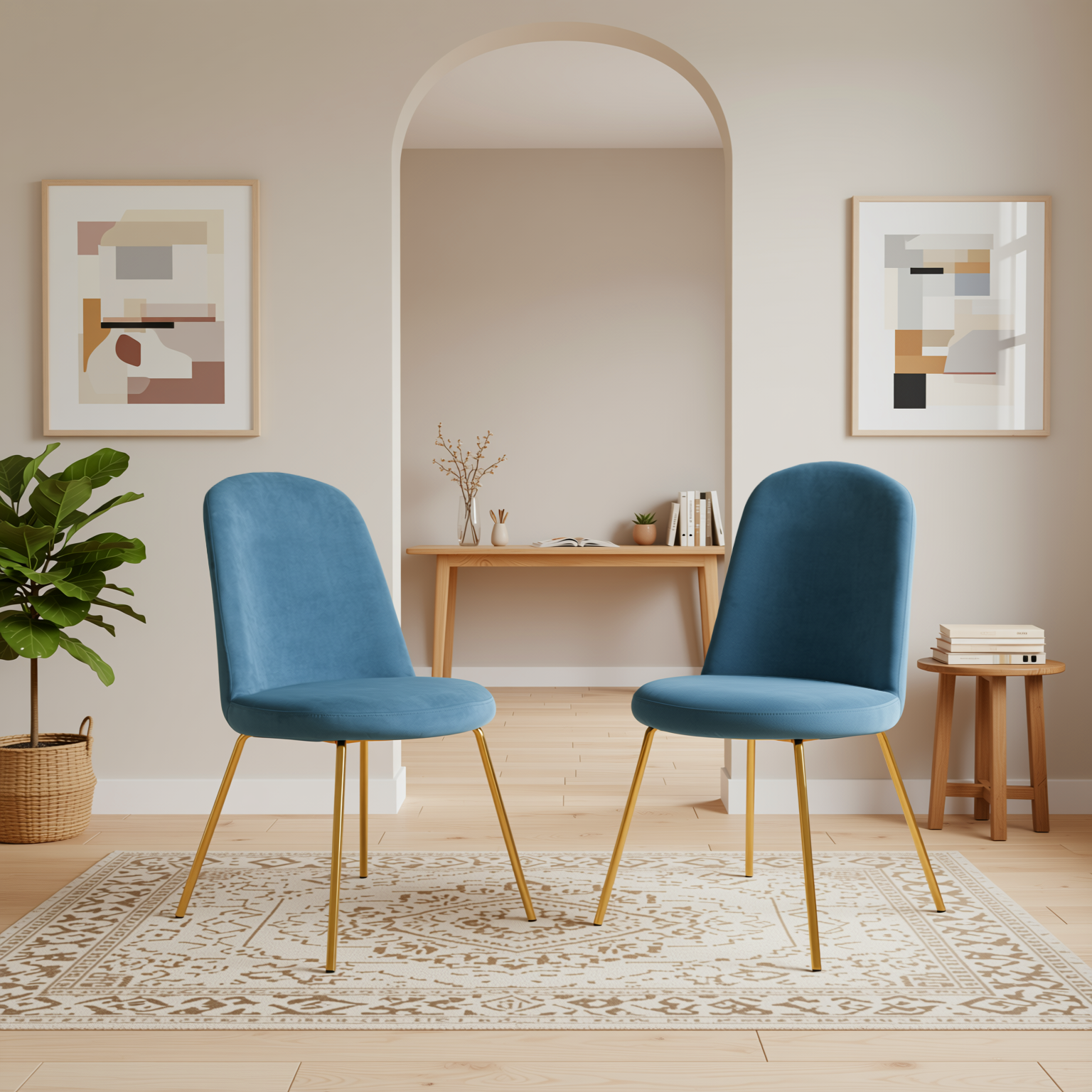 Homy Casa Zanka Modern Blue Velvet Dining Chair Set of 2 in Golden Leg