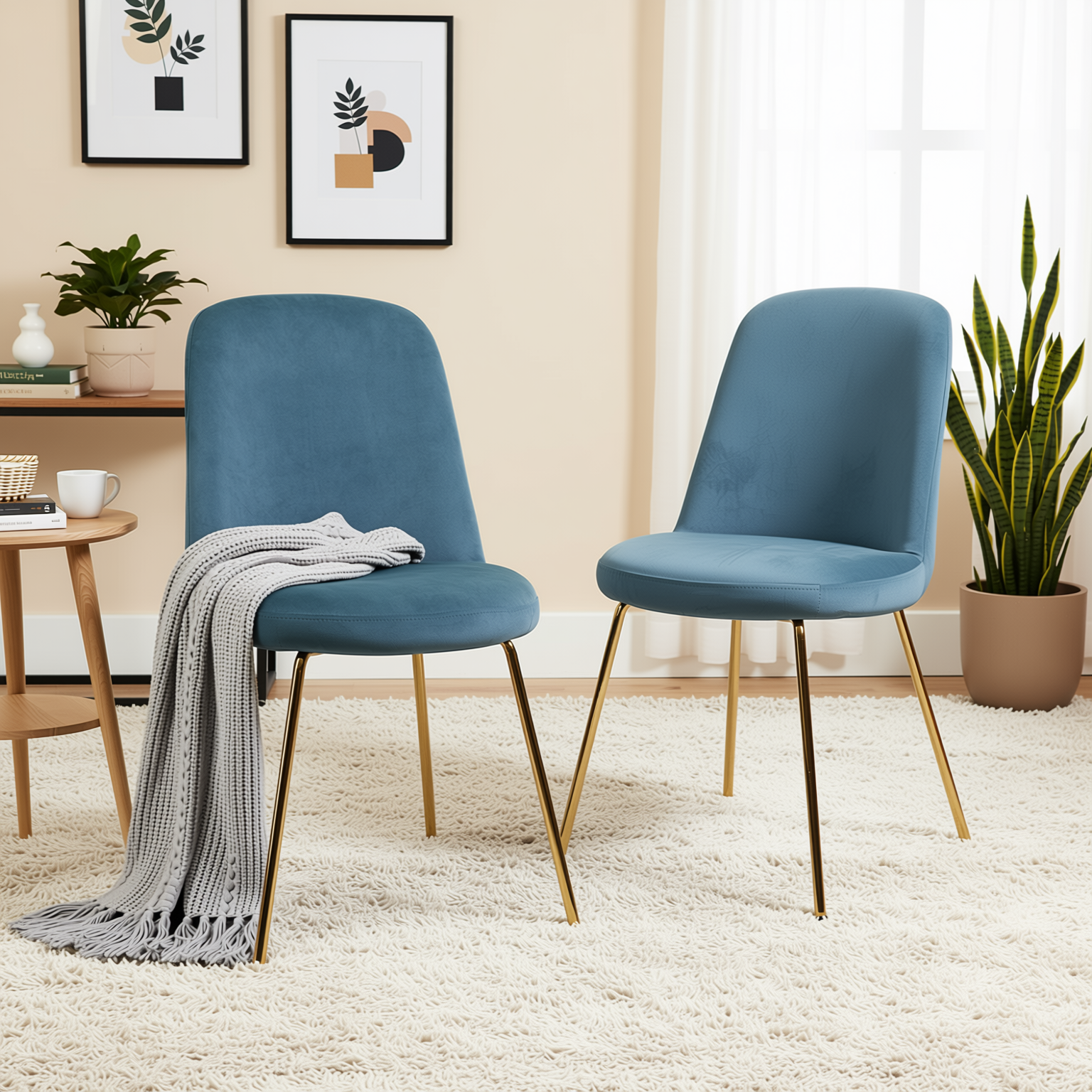 Homy Casa Zanka Modern Blue Velvet Dining Chair Set of 2 in Golden Leg