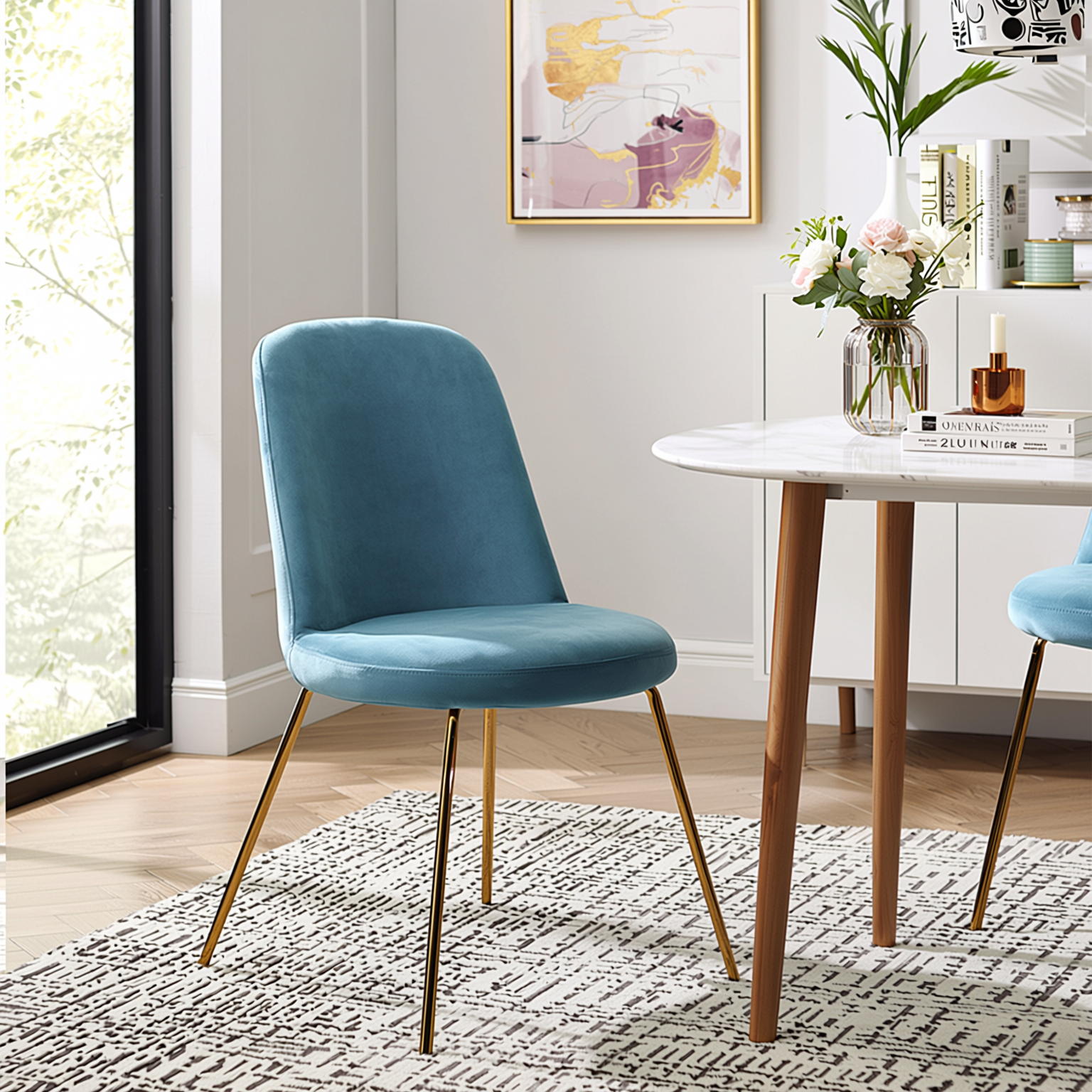 Homy Casa Zanka Modern Blue Velvet Dining Chair Set of 2 in Golden Leg