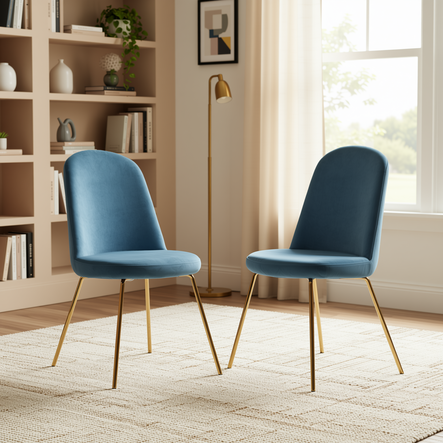 Homy Casa Zanka Modern Blue Velvet Dining Chair Set of 2 in Golden Leg