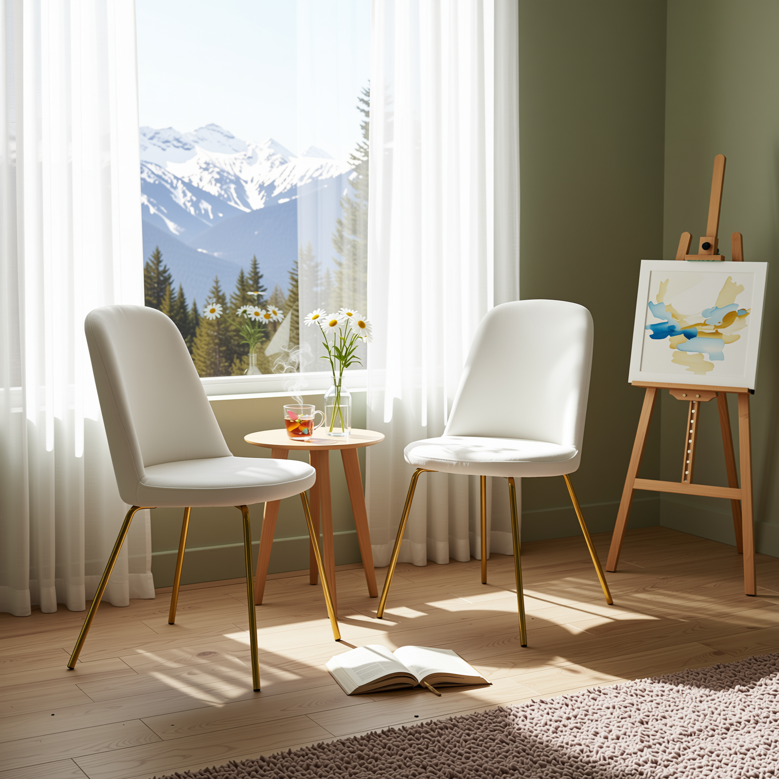 Homy Casa Clift 3PC Dining Set 31.5” White Round Dining Table with 2 Zanka Beige Fabric Upholstered Dining Chairs with Gold-Plated Legs