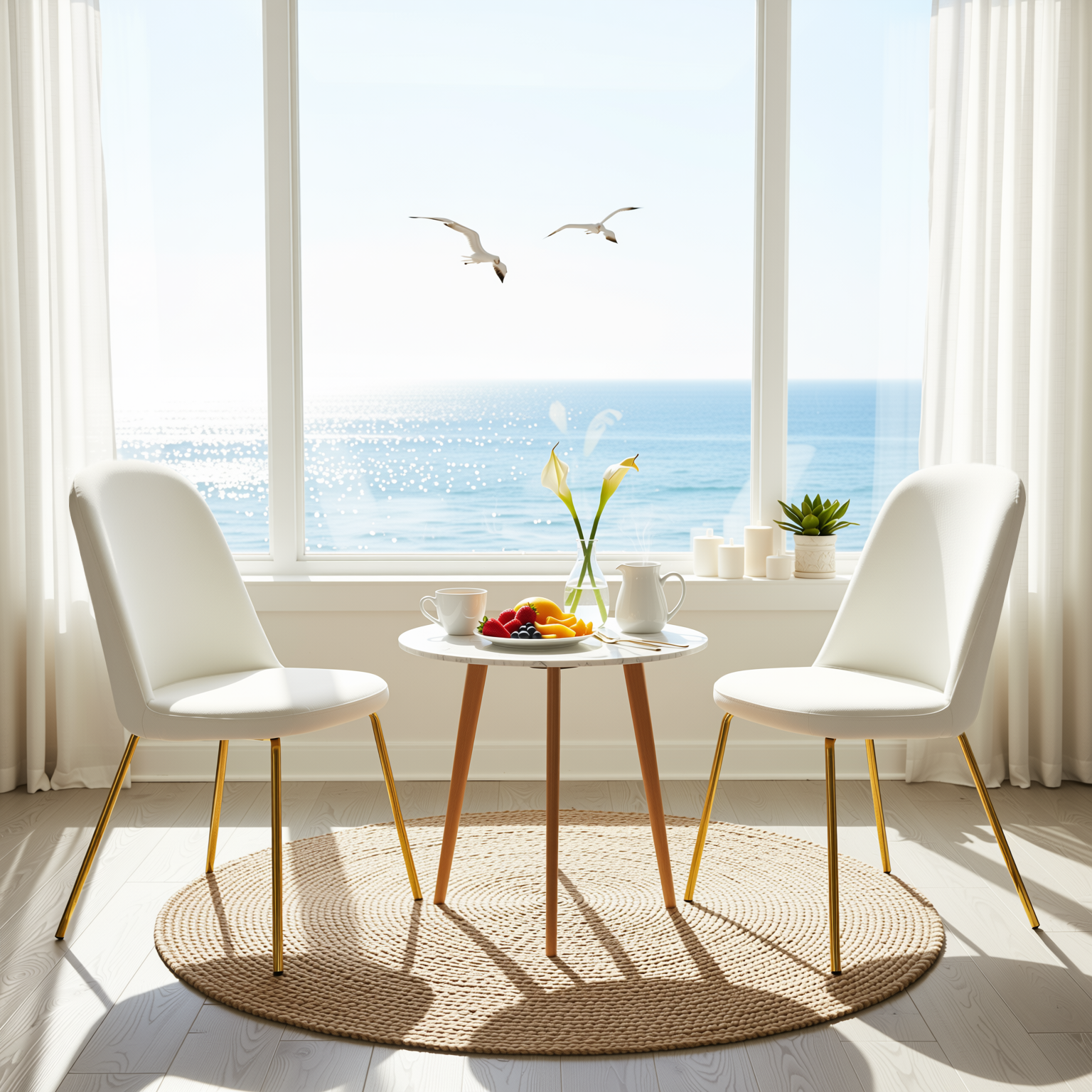 Homy Casa Clift 3PC Dining Set 31.5” White Round Dining Table with 2 Zanka Beige Fabric Upholstered Dining Chairs with Gold-Plated Legs
