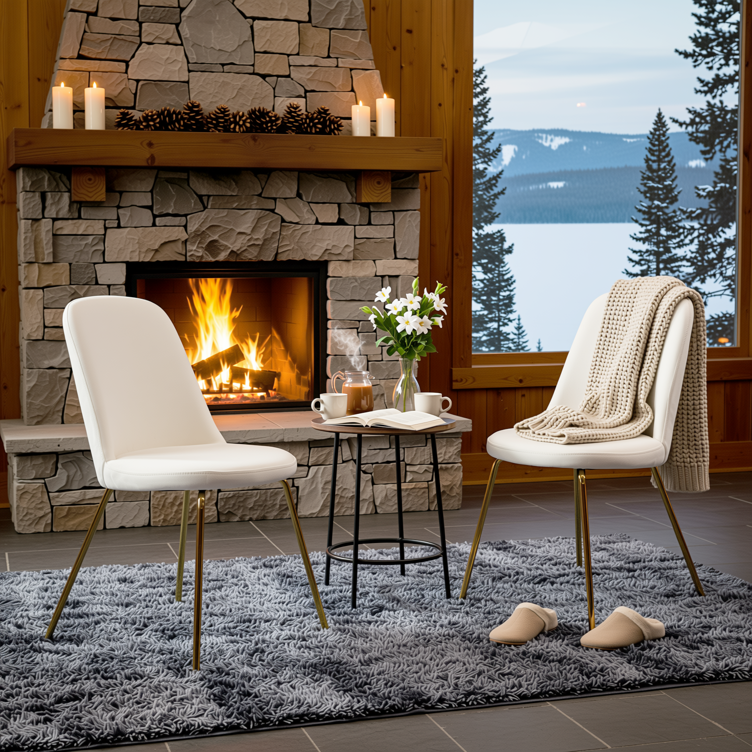 Homy Casa Clift 3PC Dining Set 31.5” White Round Dining Table with 2 Zanka Beige Fabric Upholstered Dining Chairs with Gold-Plated Legs