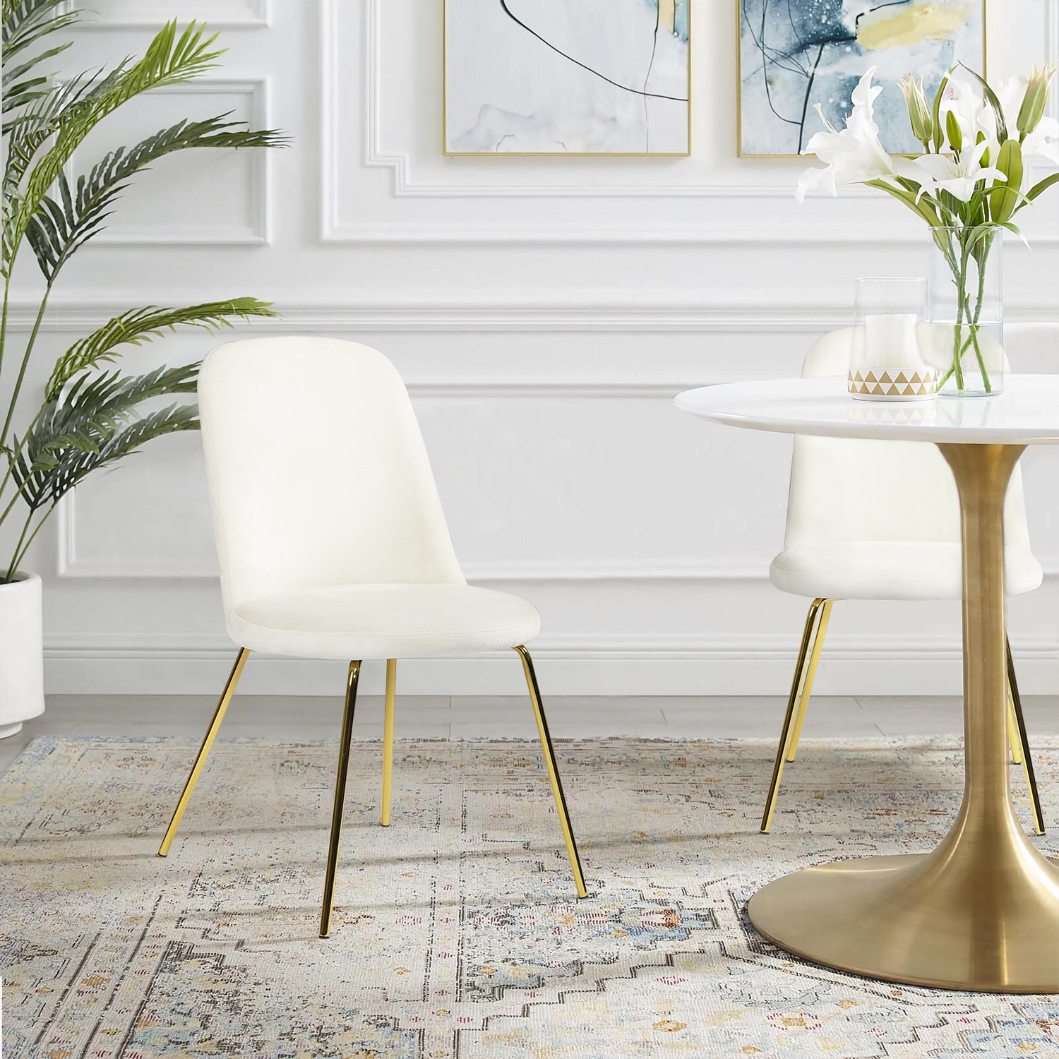 Homy Casa Clift 3PC Dining Set 31.5” White Round Dining Table with 2 Zanka Beige Fabric Upholstered Dining Chairs with Gold-Plated Legs